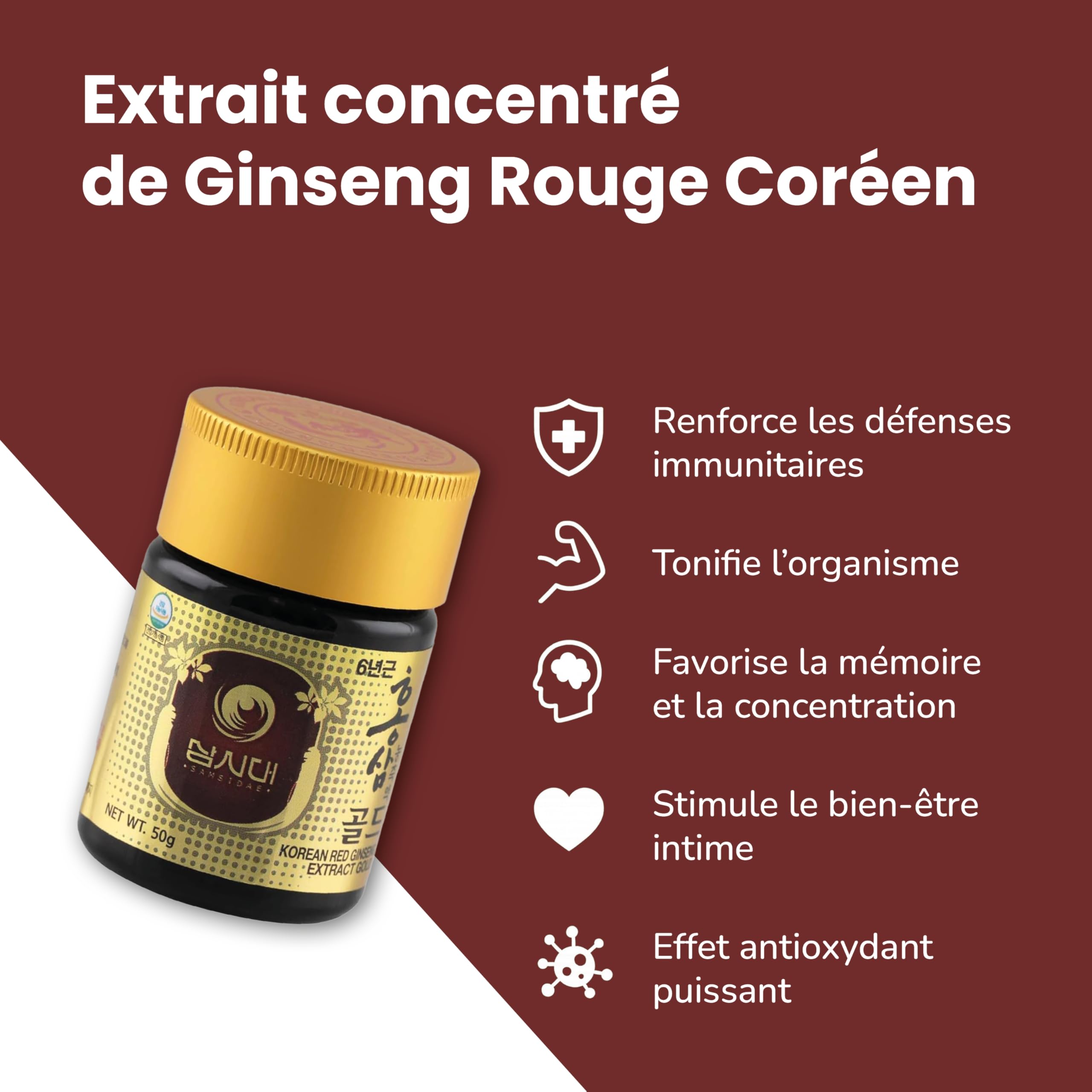 SAMSIDAE - Extrait Gold de Ginseng Rouge Coréen, Concentration Maximale en Ginsénosides 13 mg/g, Racines de 6 ans, Qualité Supérieure, Cure de 45 Jours, 50g