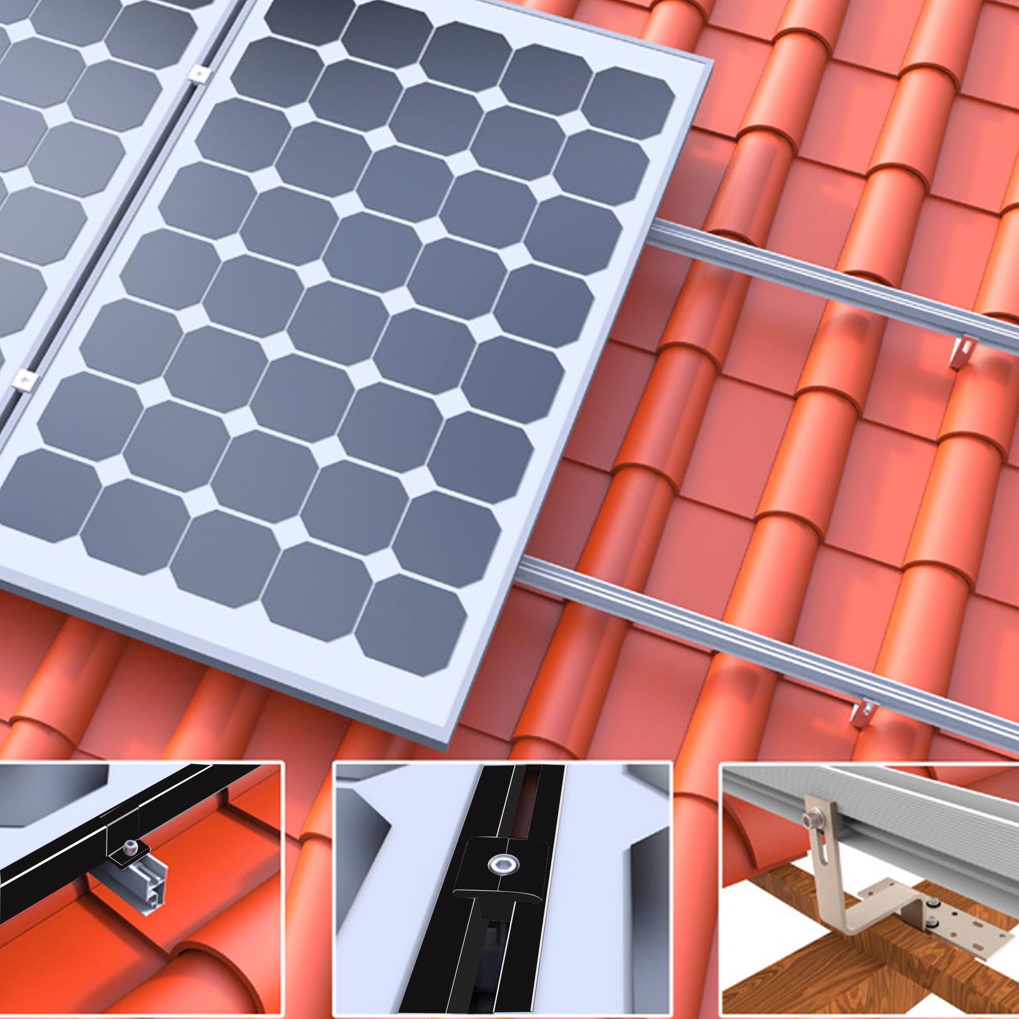 Warmfay Juego de soporte para módulo solar, riel de montaje fotovoltaico de aluminio, 1150 mm, abrazadera negra para módulos de 40 mm de grosor, ganchos para techo, módulo solar de tejas, juego de