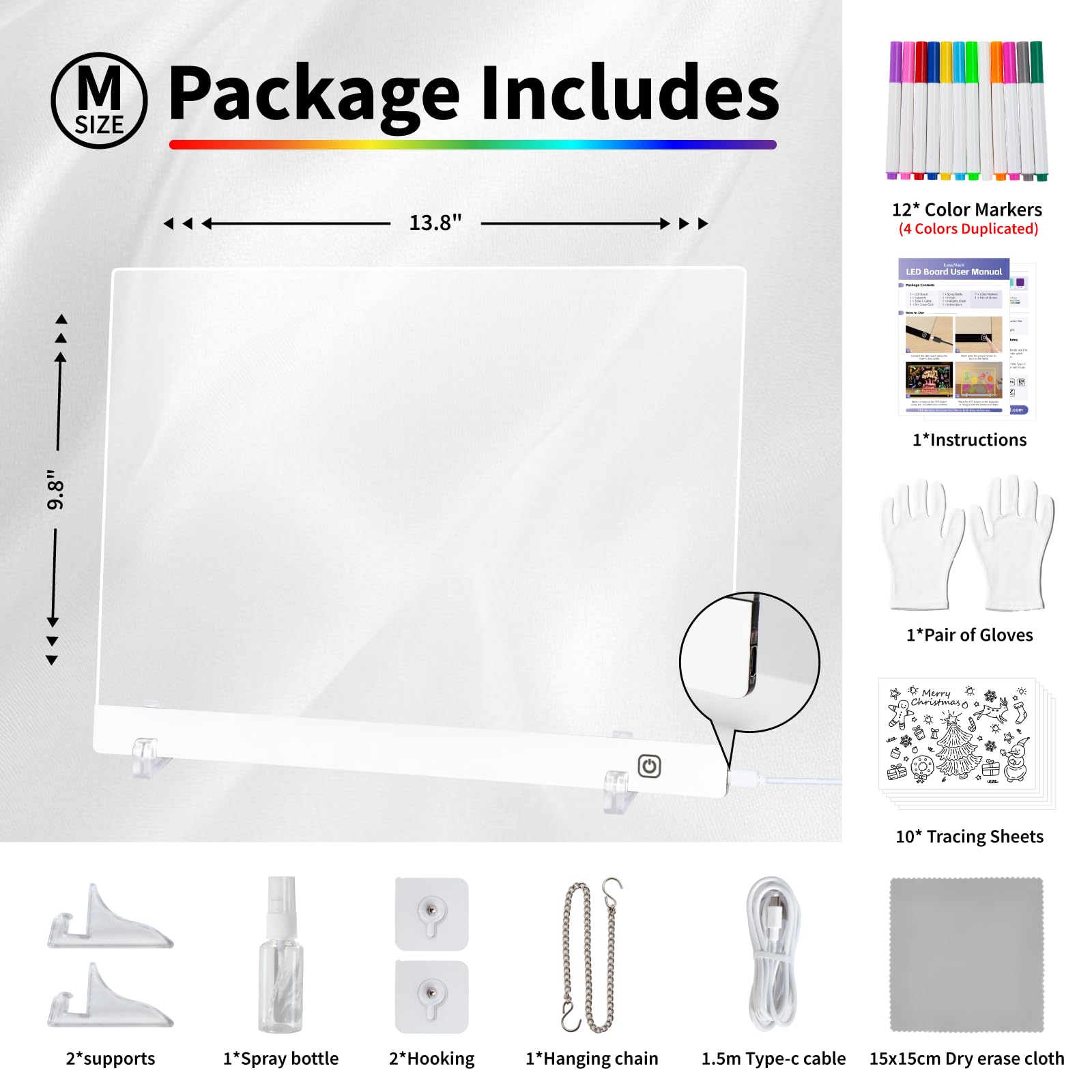 Tablero de dibujo LED para niños, tablero de notas LED con colores (pizarra acrílica de borrado en seco con luz y soporte integrado, regalo para niñas/adolescentes) (blanco 9.8 x 13.8 5