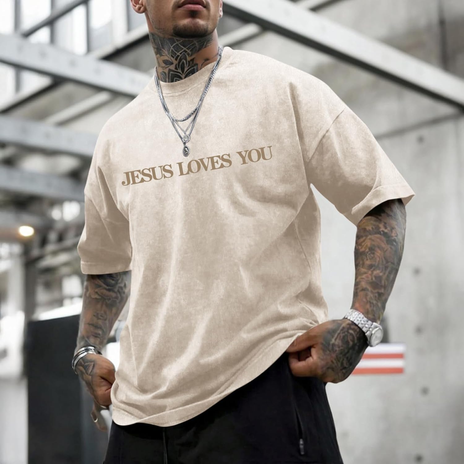 Christian Jesus Loves You Shirts for Men Religious Oversized Graphic Tees Jesus Faith Acid Wash T Shirt God Top - Image 3