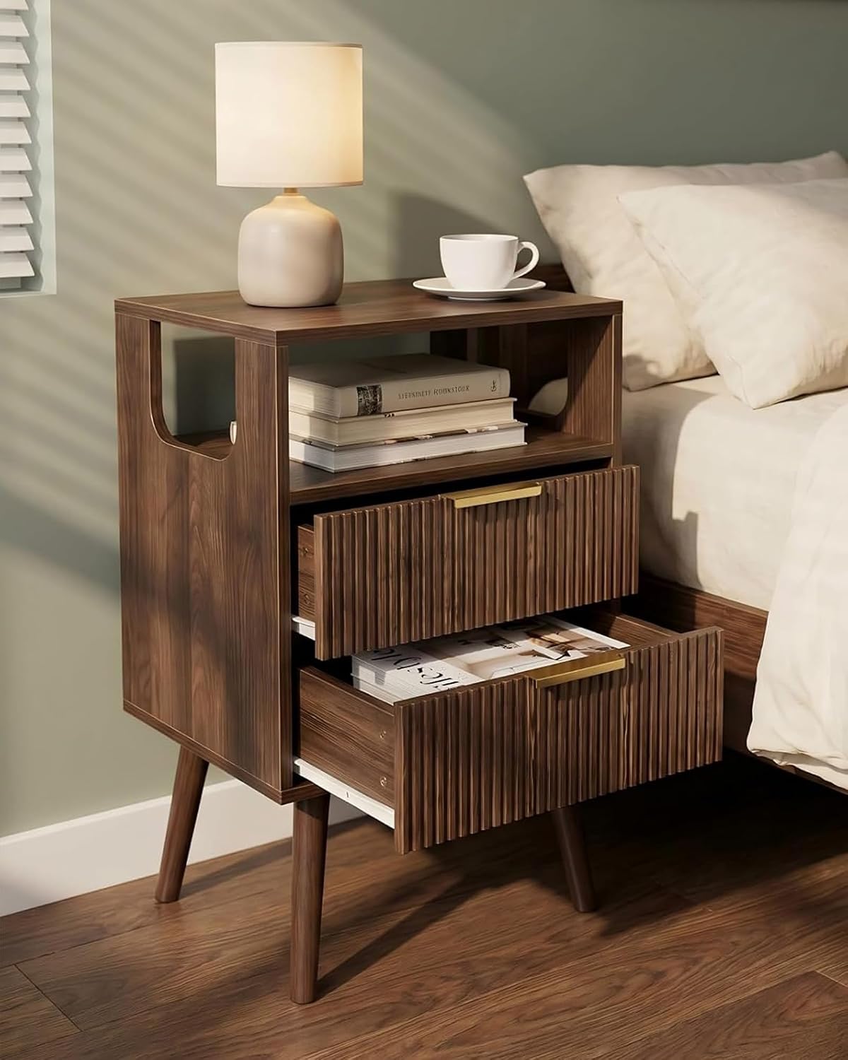 JERX Wooden Bedside Table, Nightstand with 2 Storage Drawer and Open Shelf Modern Bedside Cabinet for Bedroom,Walnut Brown