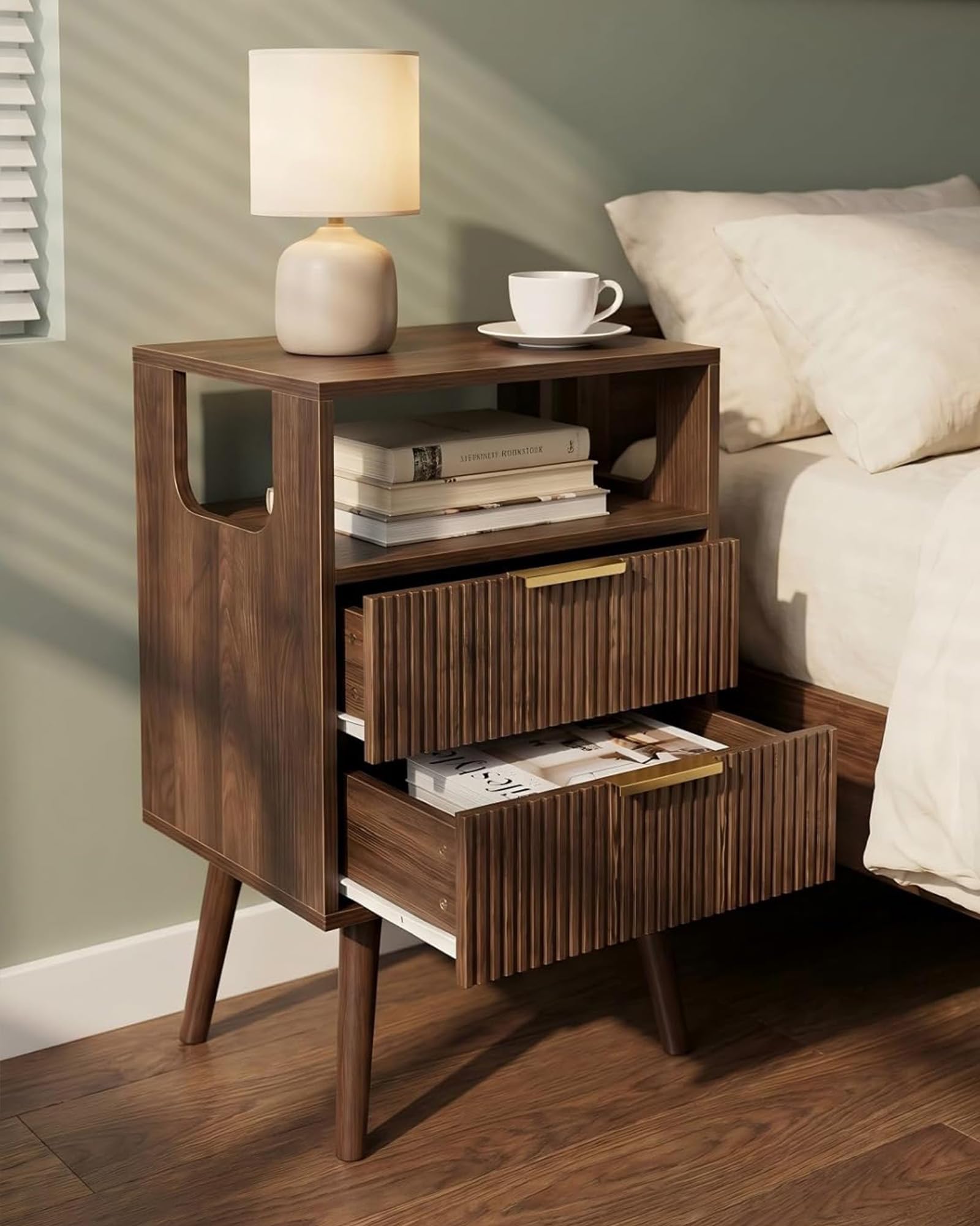 JERX Wooden Bedside Table, Nightstand with 2 Storage Drawer and Open Shelf Modern Bedside Cabinet for Bedroom,Walnut Brown-image-11
