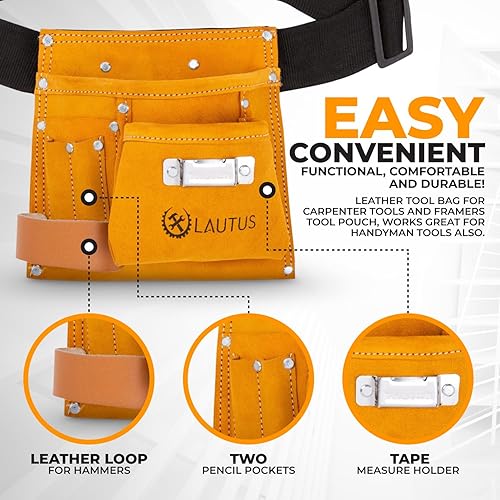 Miniatura 5 de LAUTUS Bolsa de herramientas de gamuza y cinturón ajustable de tela de polietileno  5 bolsillos  Soporte de martillo de cuero  Soporte para cinta