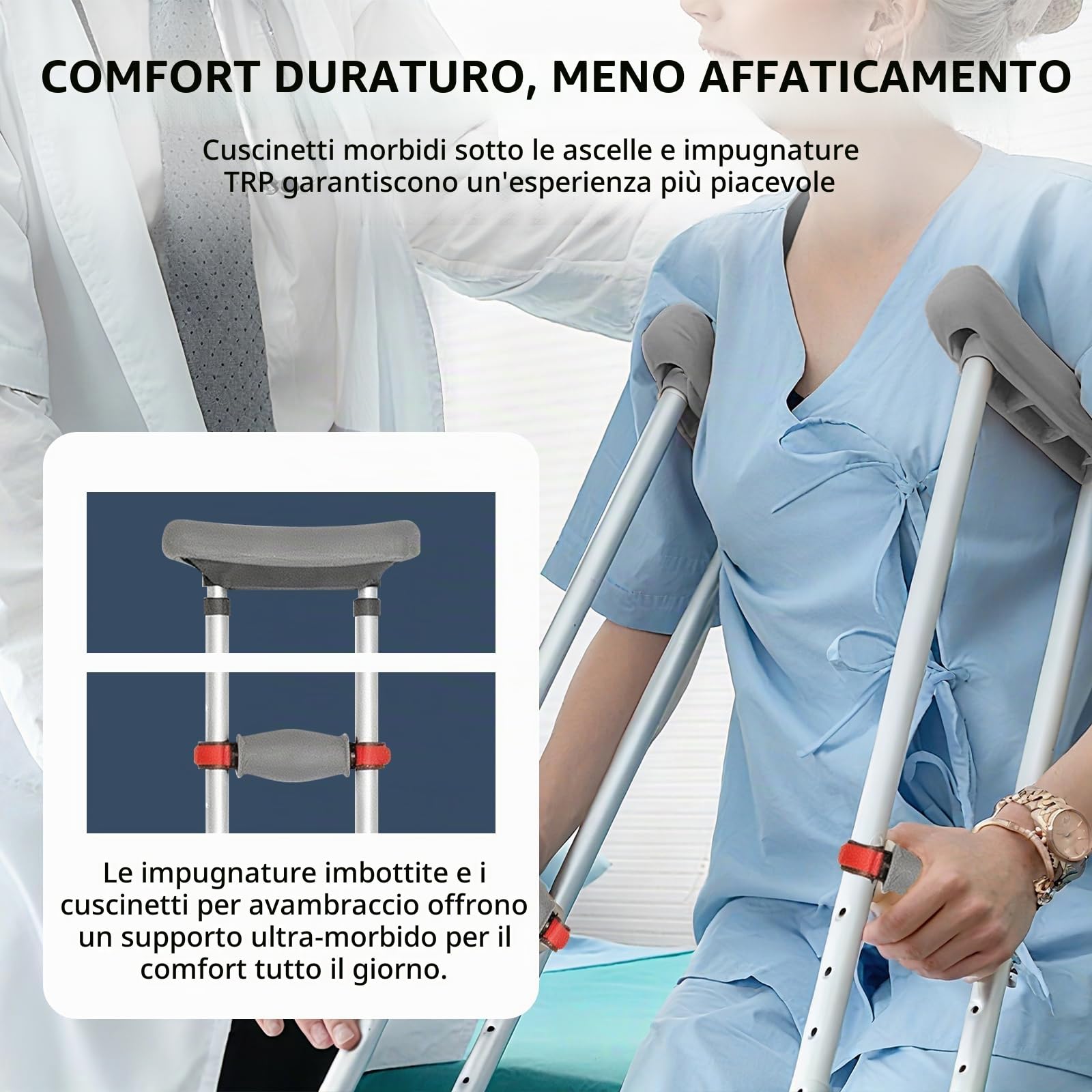 Stampelle Ascellari, Ortopediche Regolabili, Supporti per Avambraccio, Portata 150 KG, Stampelle in Alluminio Pieghevole con Poggia Avambraccio e Poggia Mano Morbidi, 1 Paio
