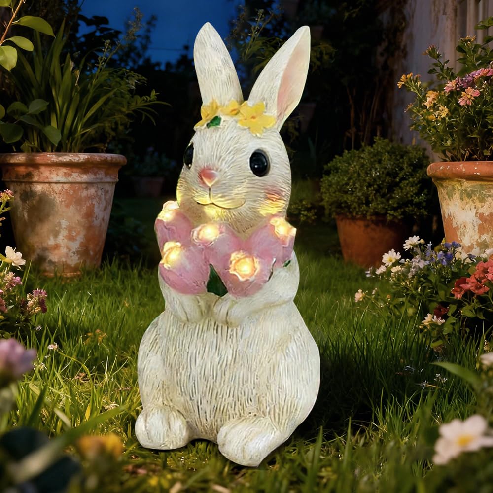 RNPKZ Solar Rabbit Garden Ornaments Outdoor, Waterproof Garden Lights, Gardens Bunny Figurine Decor with Tulip Bouquet & LEDLights, Solar Rabbit Figures, Solars Lights Decorations for Patio, Lawn,Yard