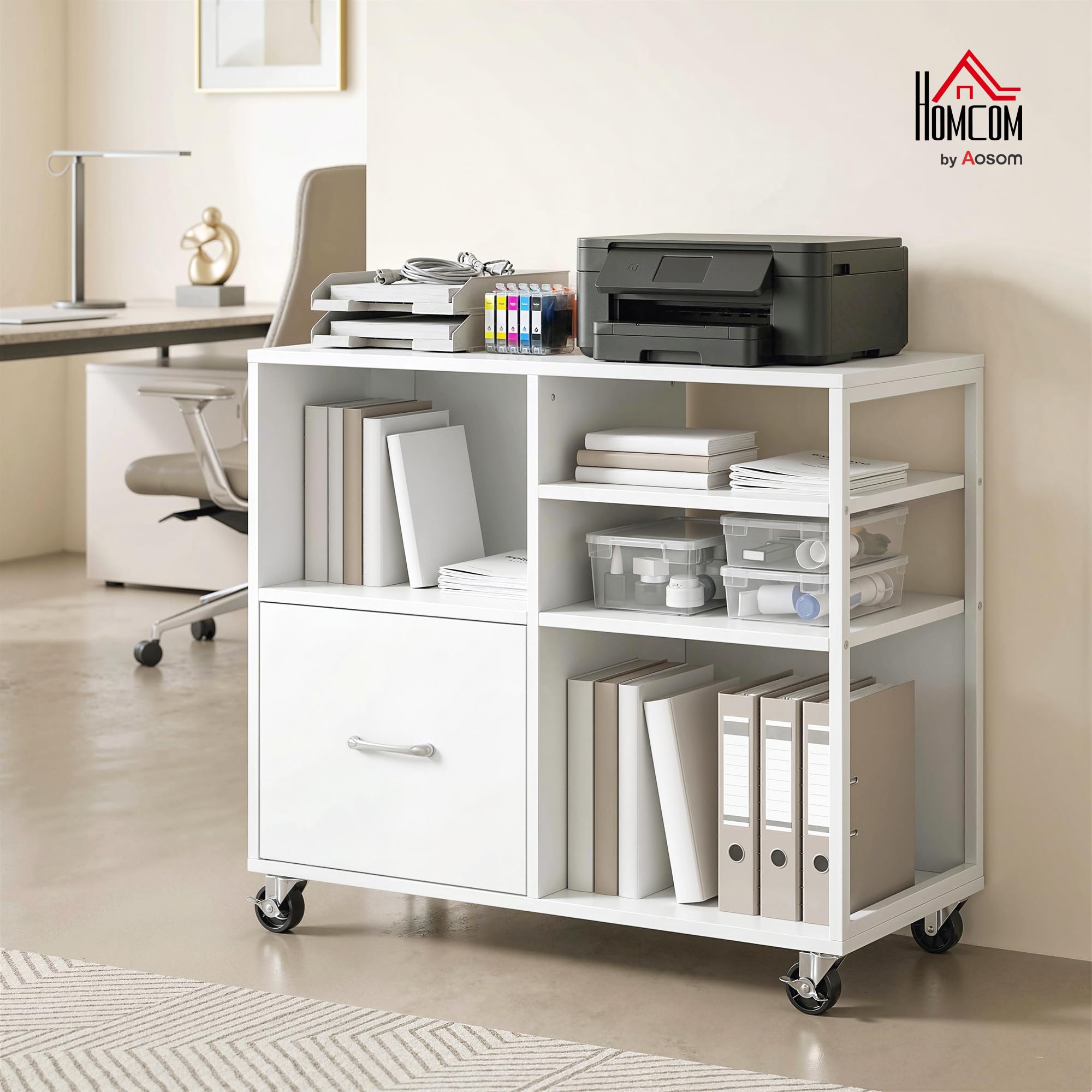 HOMCOM Mueble para Impresora con Ruedas, Mesa para Impresora con Estantes Abiertos y Cajón para Documentos Tamaño A4 y Carta, Archivador Móvil para Oficina en Casa, Blanco
