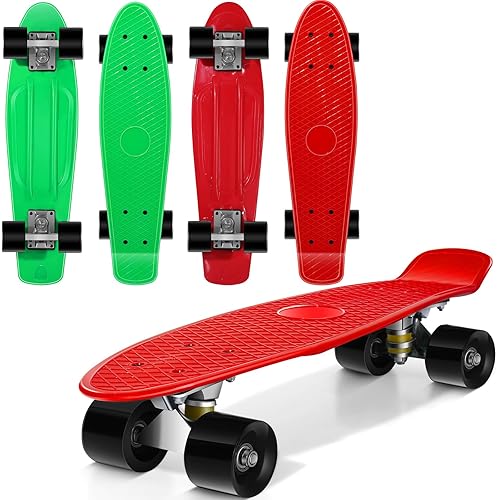 2 Pcs 22 Inch Mini Cruiser Skateboard Complete Retro Skateboard with Smooth Rolling Plastic Classic Street Cruiser Board Gift for Birthday Beginners Kids Boys Girls