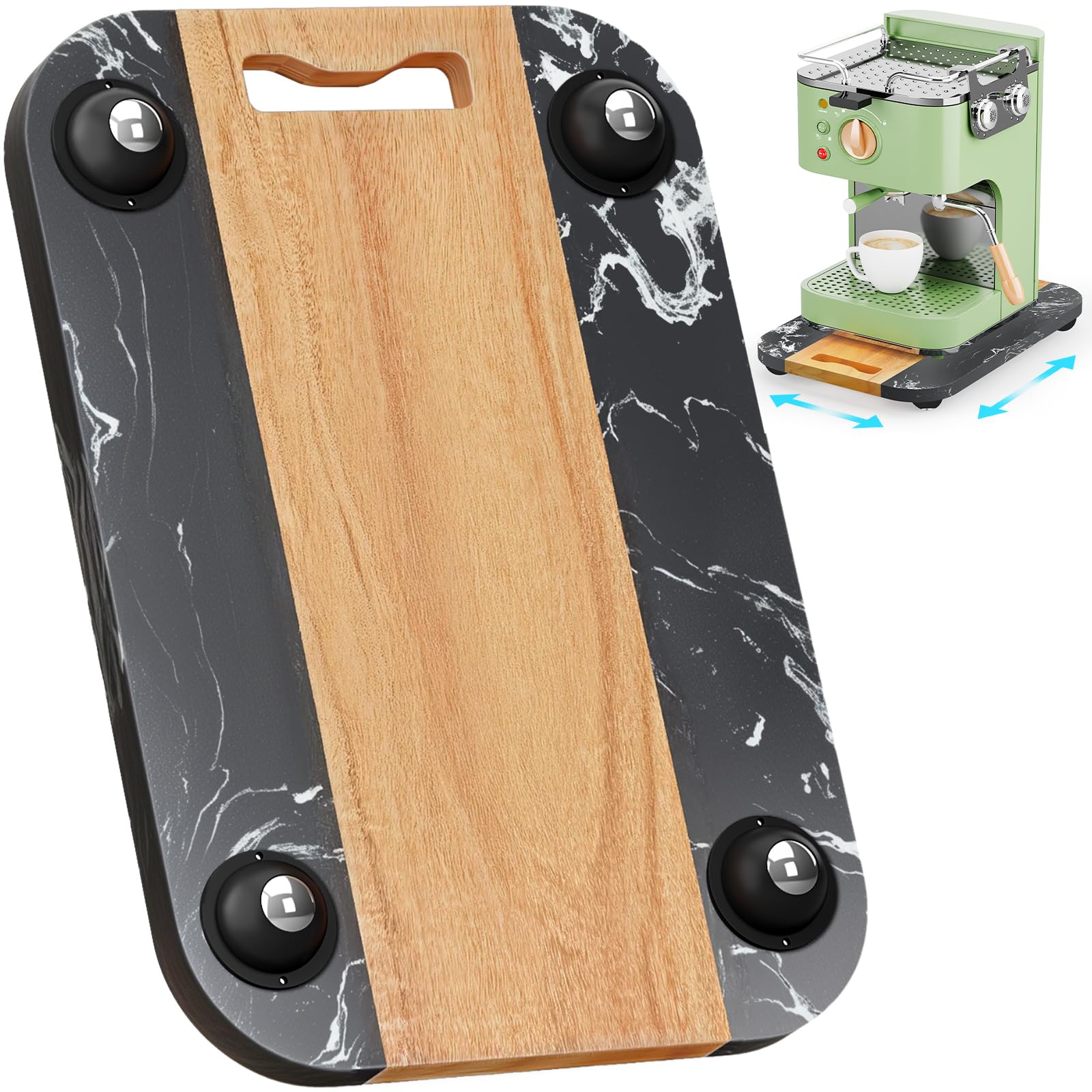 NiHome Plateau coulissant pour cafetière, mixeur, friteuse à air, grille-pain - 36 x 24 cm - Bois d'acacia et marbre - Rouleaux silencieux - Plateau de comptoir anti-rayures (noir)