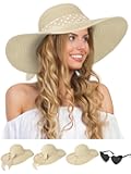 Sun Hats for Women, Wide Brim Floppy Beach Straw Hat for Summer Travel Vacation Foldable with Sunglasses