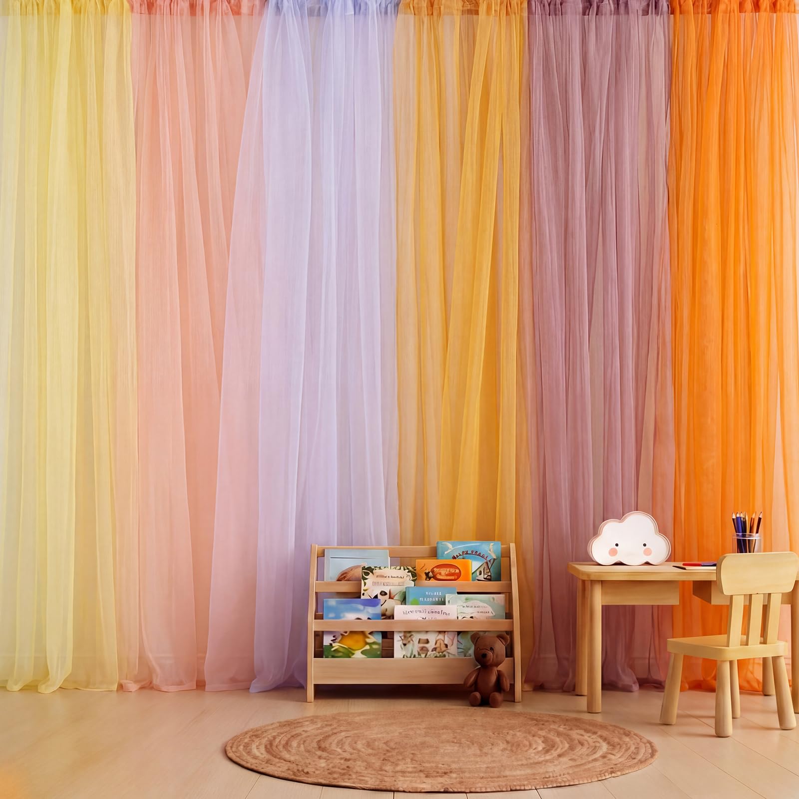 Photo 1 of Chicplaid 6 Pcs Groovy Party Decorations Classroom Tulle Backdrop Curtains Orange Backdrop Decor Boho Colorful Sheer Curtains for Bedroom Birthday Party Bridal Shower Photography Background Decor