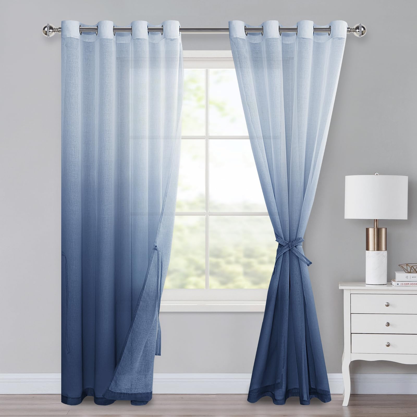 Lot de 2 voilages dégradés ombrés pour chambre à coucher et salon - Rideaux à passants 225 x 140 cm Bleu denim