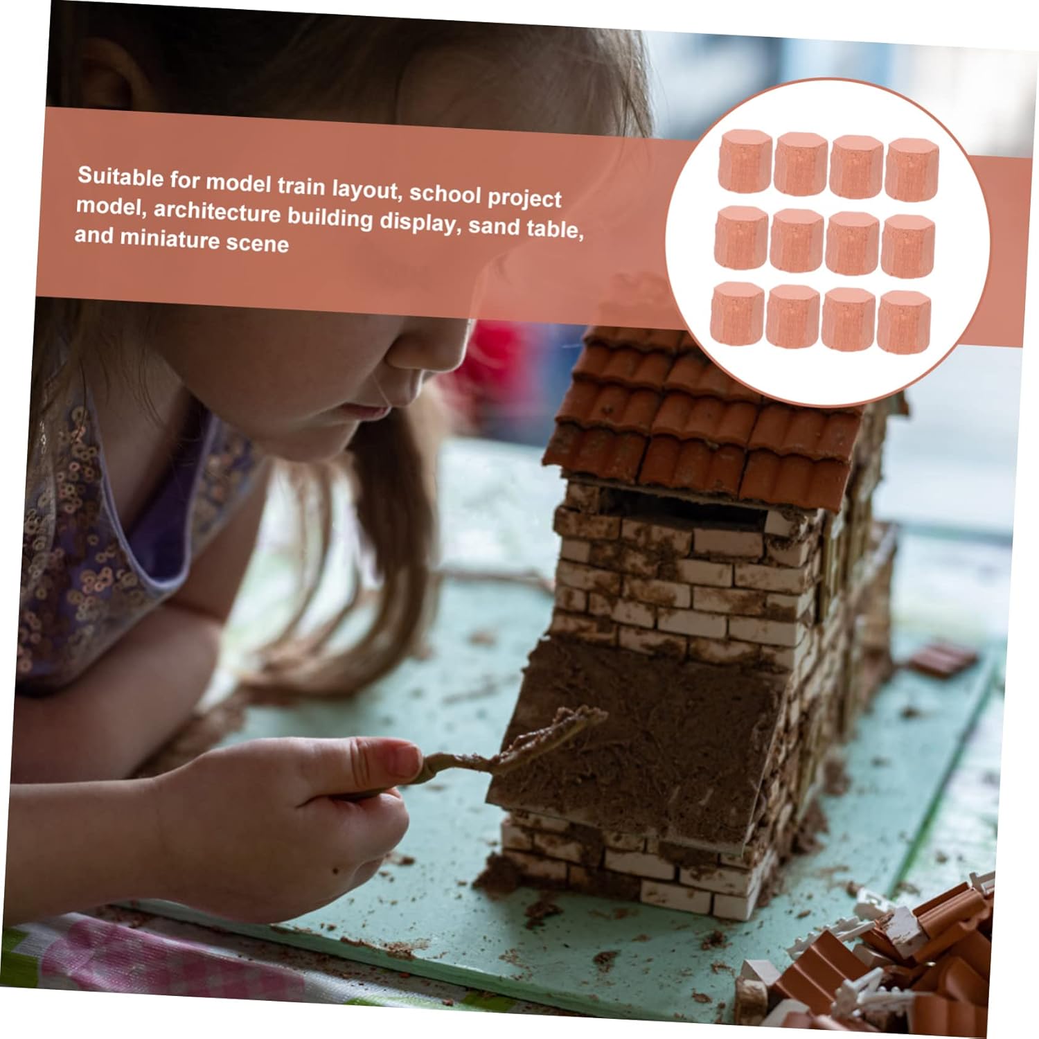 A child using a small tool to apply material to a miniature brick house model.