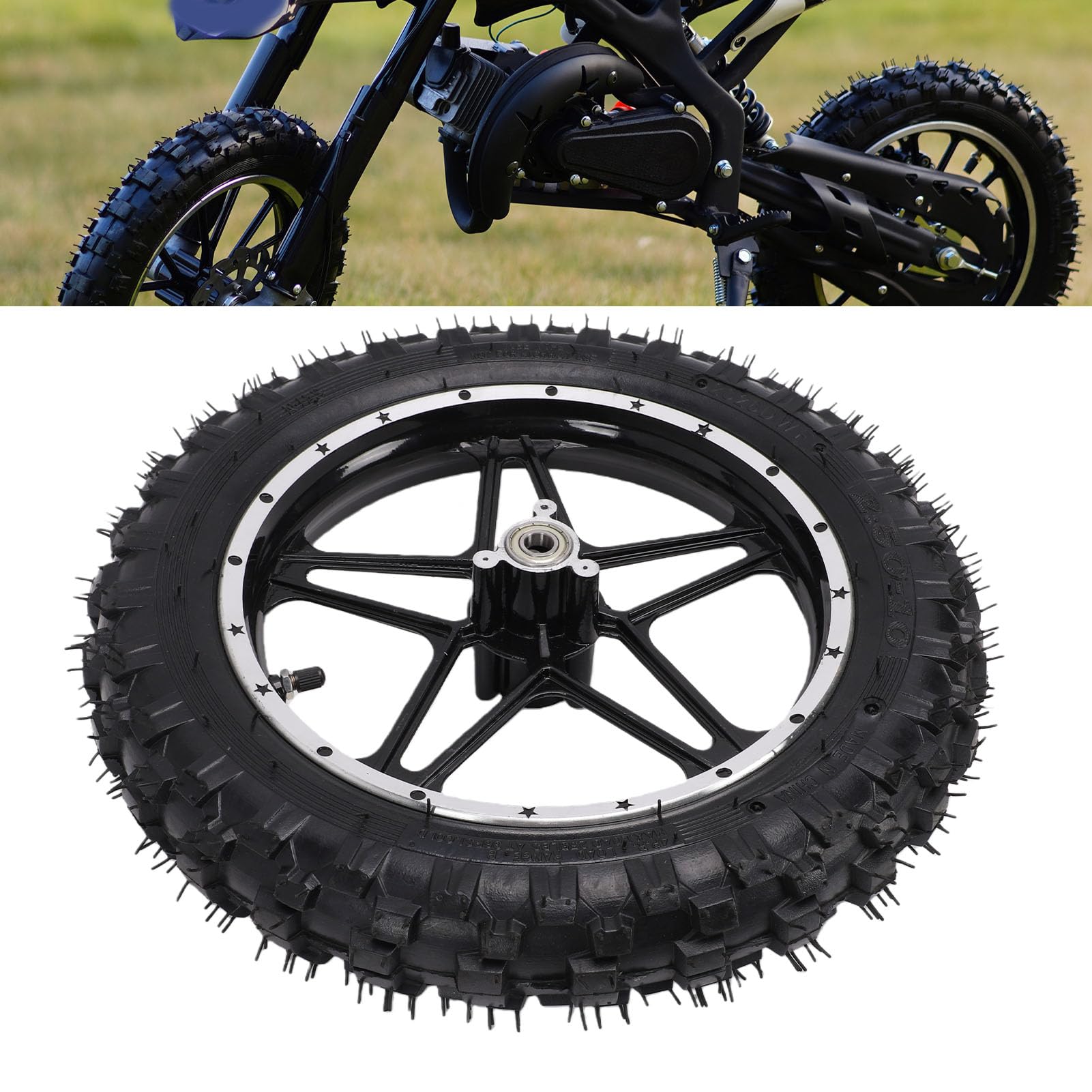 Ausla Jante de Roue de 10 Pouces Assemblage de Pneu, Pneu de Remplacement 2.50 10 Technologie Anti-éclatement pour Mini Pocket Bike Vélo Électrique 49 50ml Dirt *(Traduction D (Devant)