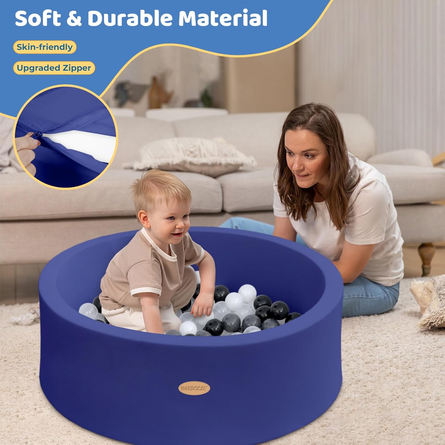harbolle baby ball pit 35.4" soft round memory foam ball pits not included balls indoor outdoor playpen for babies toddlers kids great gift for girls boys, dark blue dark blue 35.4"