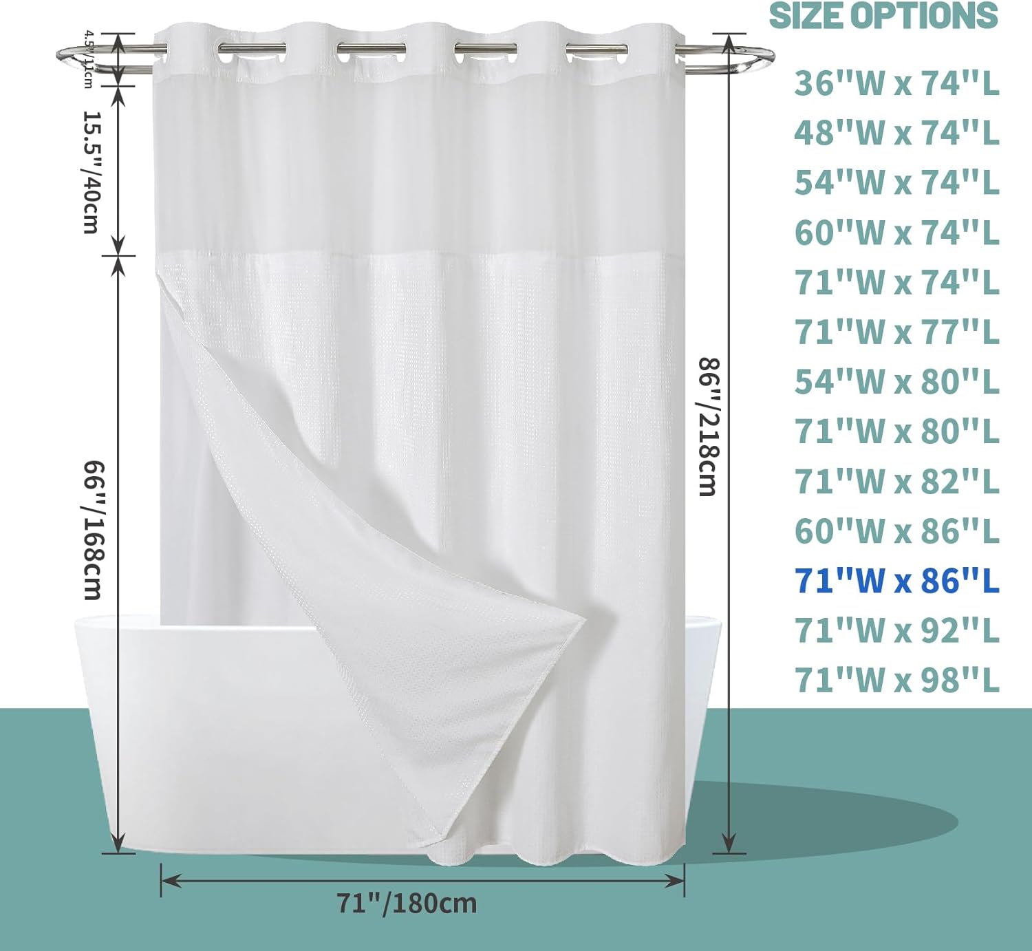 White Extra Long No Hook Waffle Weave Shower Curtain with snap-in Liner Replacement, 230GSM Waterproof Fabric Hotel Shower Curtain Set for Bathroom, Through Mesh Top Window,71Wx86H