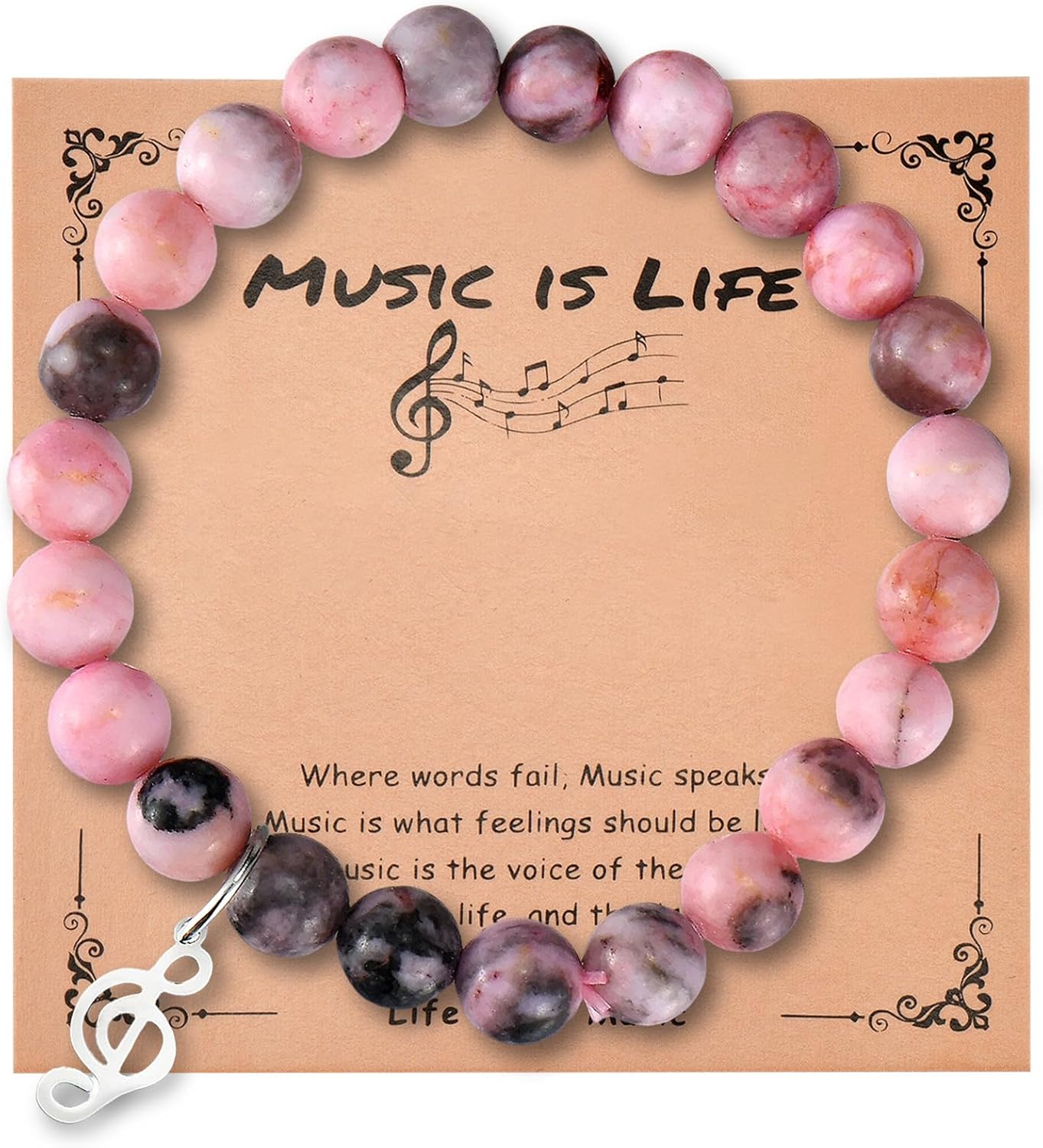Music Note Bracelet with Pink Natural Stone – Music Themed Gift for Music Lovers, Musicians, Music Teachers, Marching Band Members