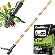 Weed Puller Stand Up Weed Puller Tool with Wooden Long Handle Foot Platform Design 4-Claw Steel Head & Removable 3-Section Pole Garden Tools-Easily Remove Weeds Without Bending or Kneeling