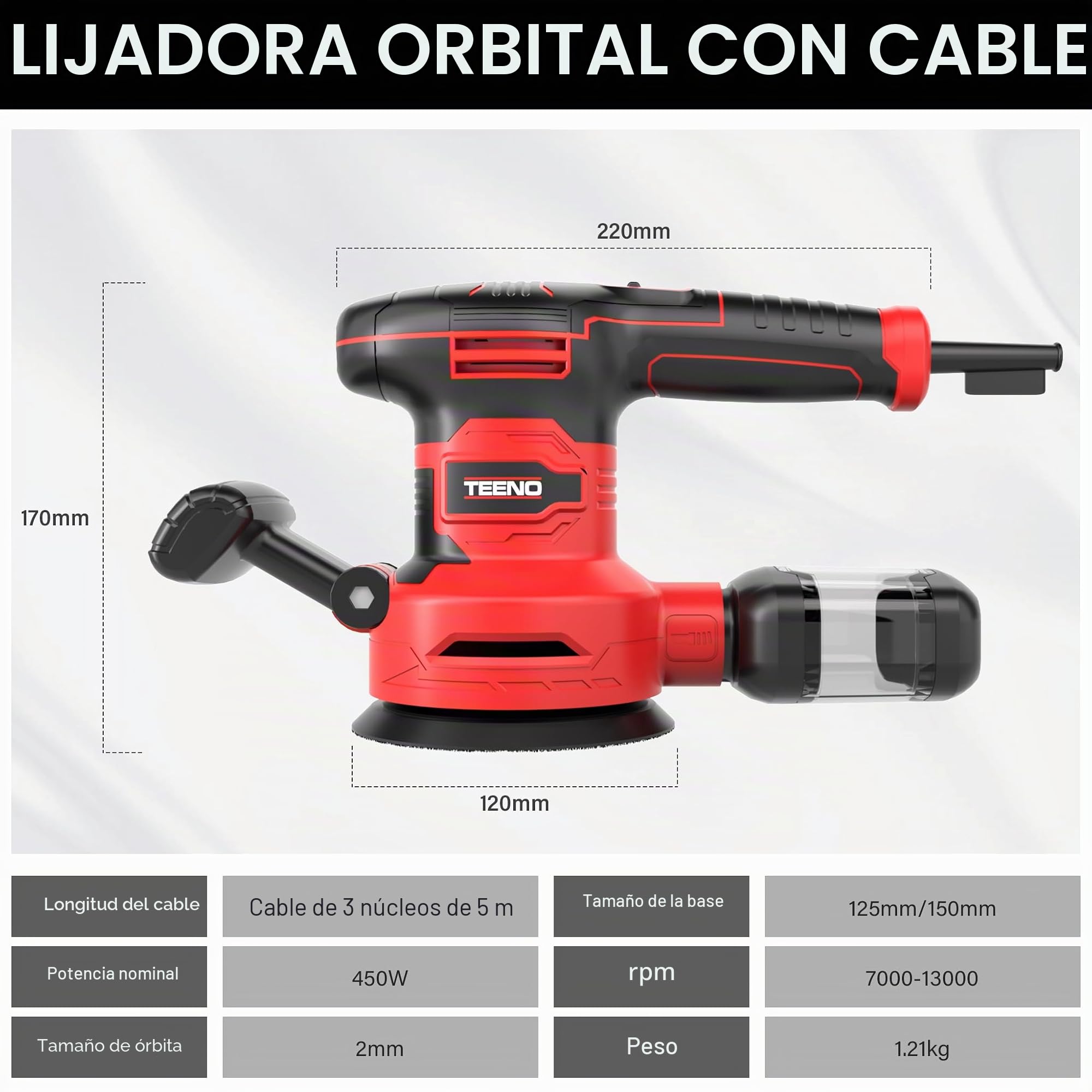 TEENO Lijadora Orbital 450W, 6 Velocidades, 13000 RPM,Ø125/150mm, 20 Discos Abrasivos, Recolección de Polvo, Cable 2m – Con Gafas y Guantes – Para Madera, Metal, Plástico