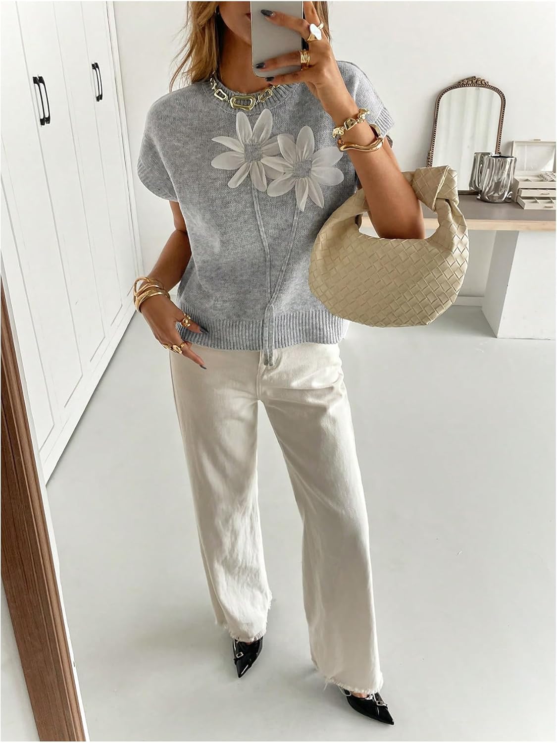 SOLY HUX Women's Short Sleeve Sweater 3D Floral Sweaters Pullover Tank Tops Knit Vest Trendy Fashion Clothing Light Grey 3D Floral Medium - Image 5