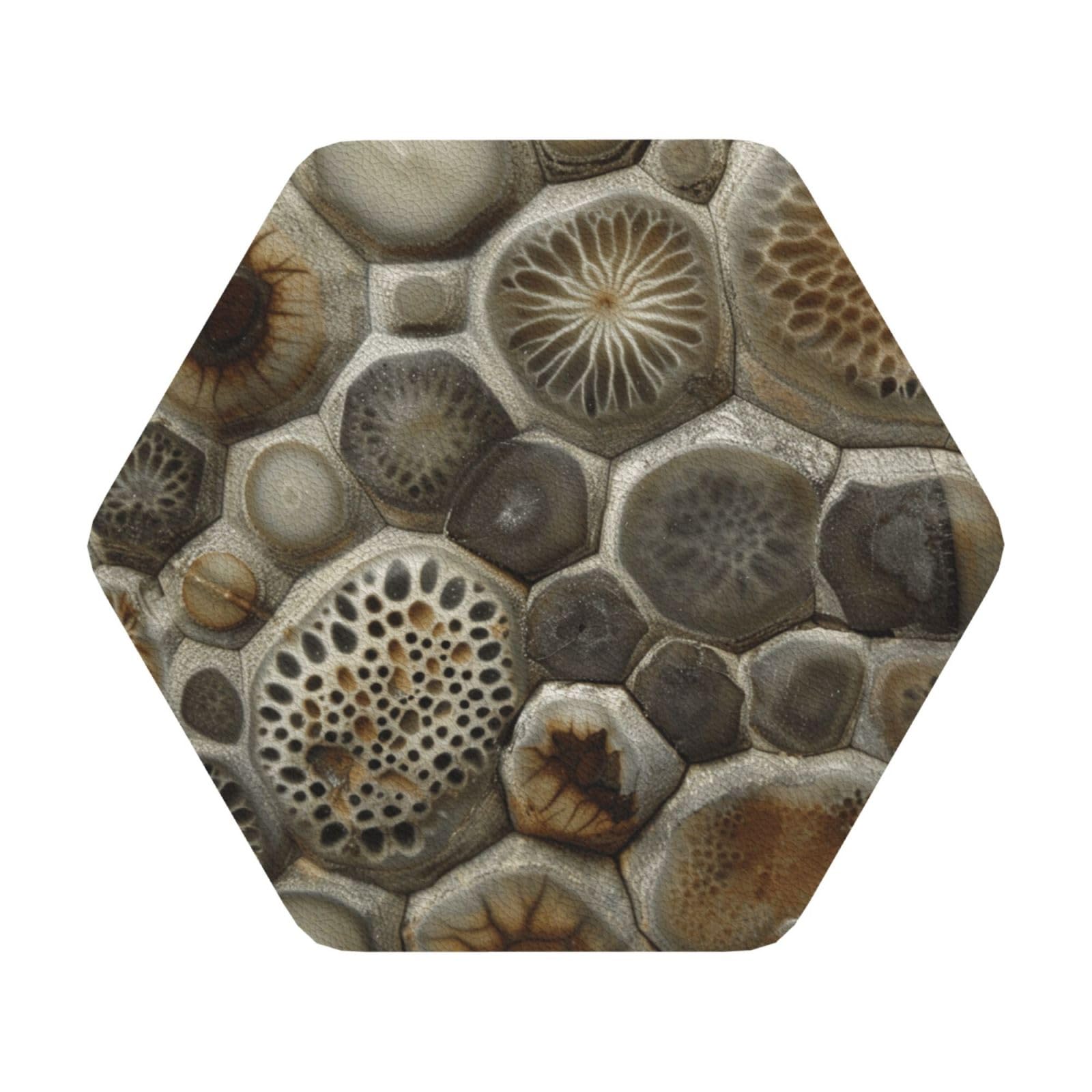 Petoskey Stone Print Leather Coaster Set of 6, Hexagon Coasters Table Decorative Coffee Cup Beverage Coasters Wine Beer Bar Coasters for Hot Drinks Table Protection