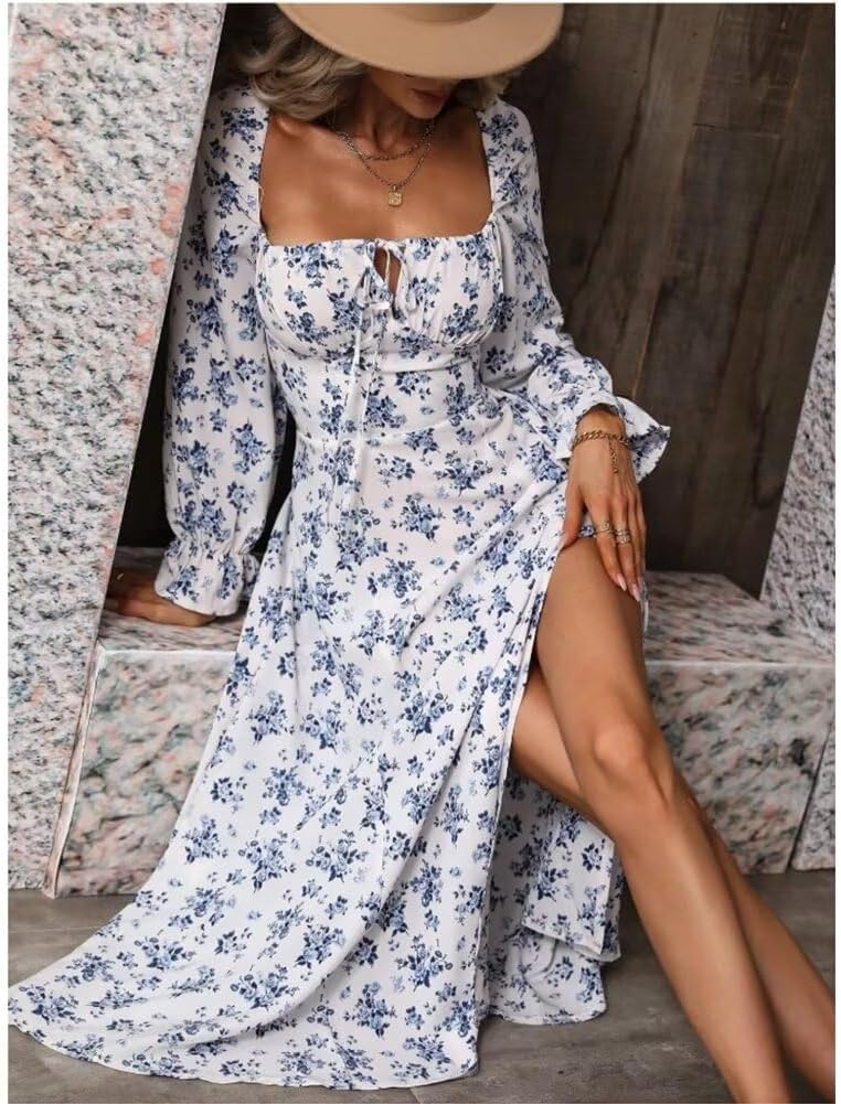 Women’s Floral Square Neck Maxi Dress Bubble Long Sleeve Side Slit Flowy Boho Dresses - Image 3