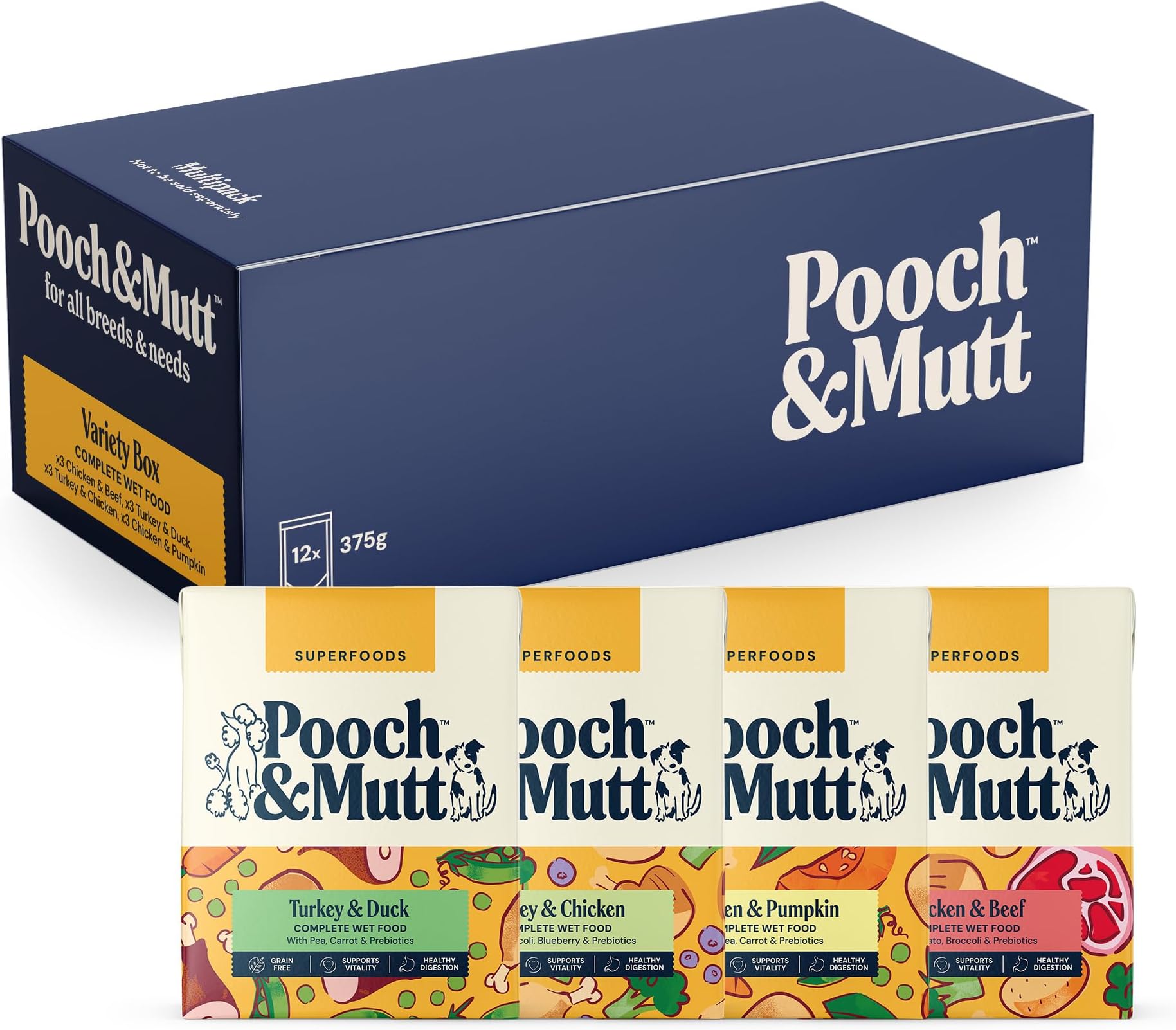 Variety Pack, Complete Wet Dog Food Grain Free, Dry Dog Food Topper, 12x375g (packaging may vary)