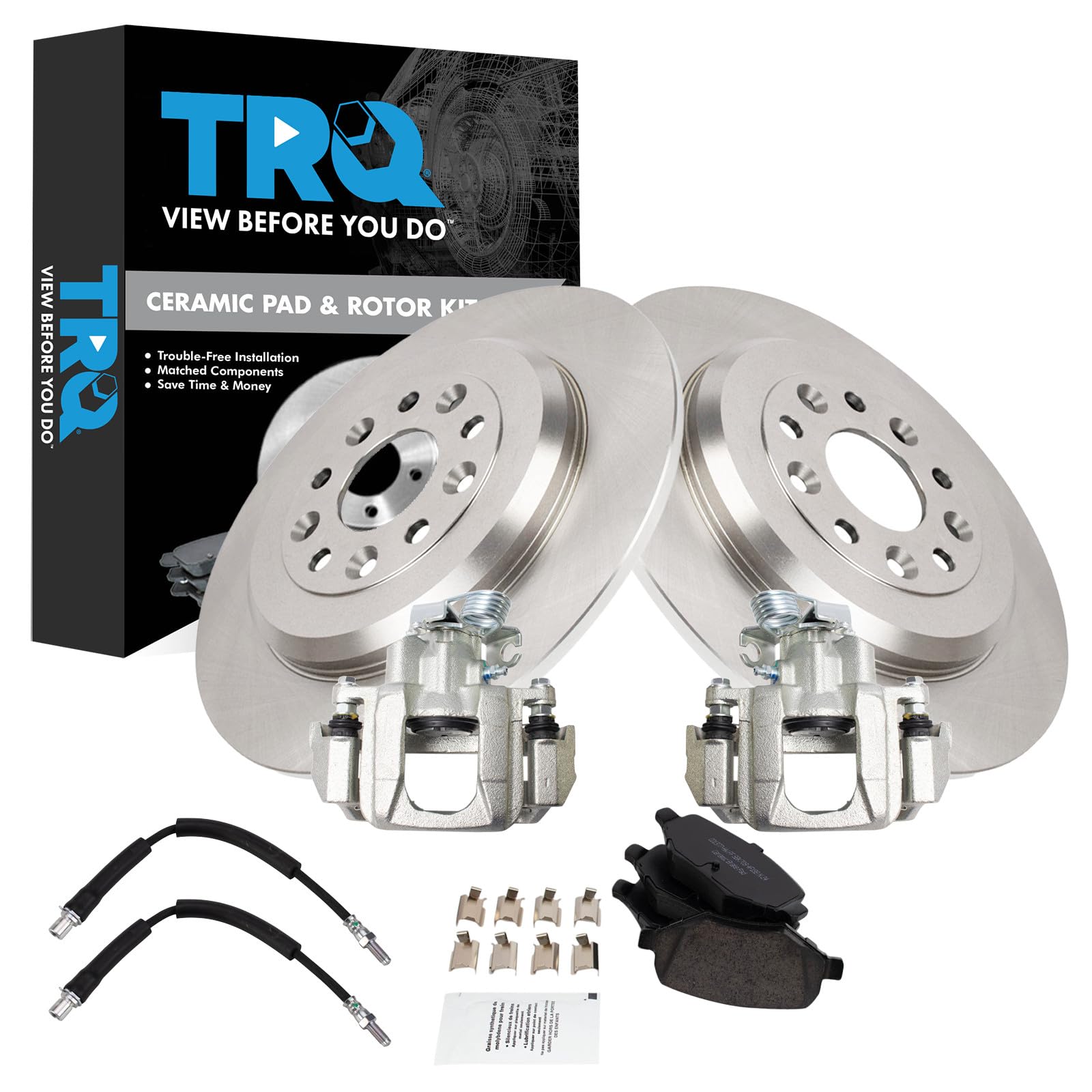 TRQ Rear Brake Pad and Rotor Set Ceramic Calipers Compatible with 2009 Ford Flex 2010-2012 Taurus 2009-2012 Lincoln MKS