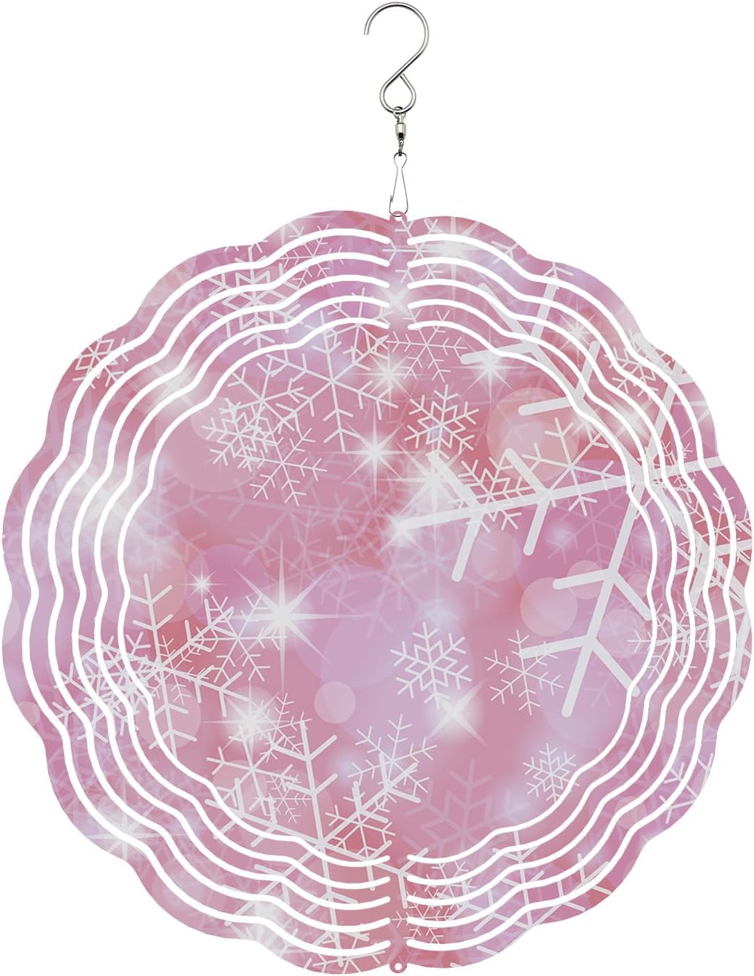 Christmas Wind Spinners, Dreamlike Pink Snowflake Pattern Hanging Wind Spinners for Yard and Garden 3D Stainless Steel Metal Sculptures Crafts Ornaments 12 inch