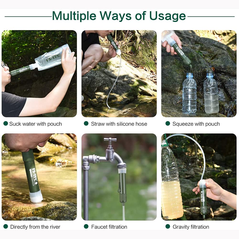 Filtro de agua al aire libre 3000L Mini purificador agua portátil para acampar elimina el 99.99% de bacterias, con pajita y bolsa almacenamiento, para viajes y preparación para emergencias (2 PCS)