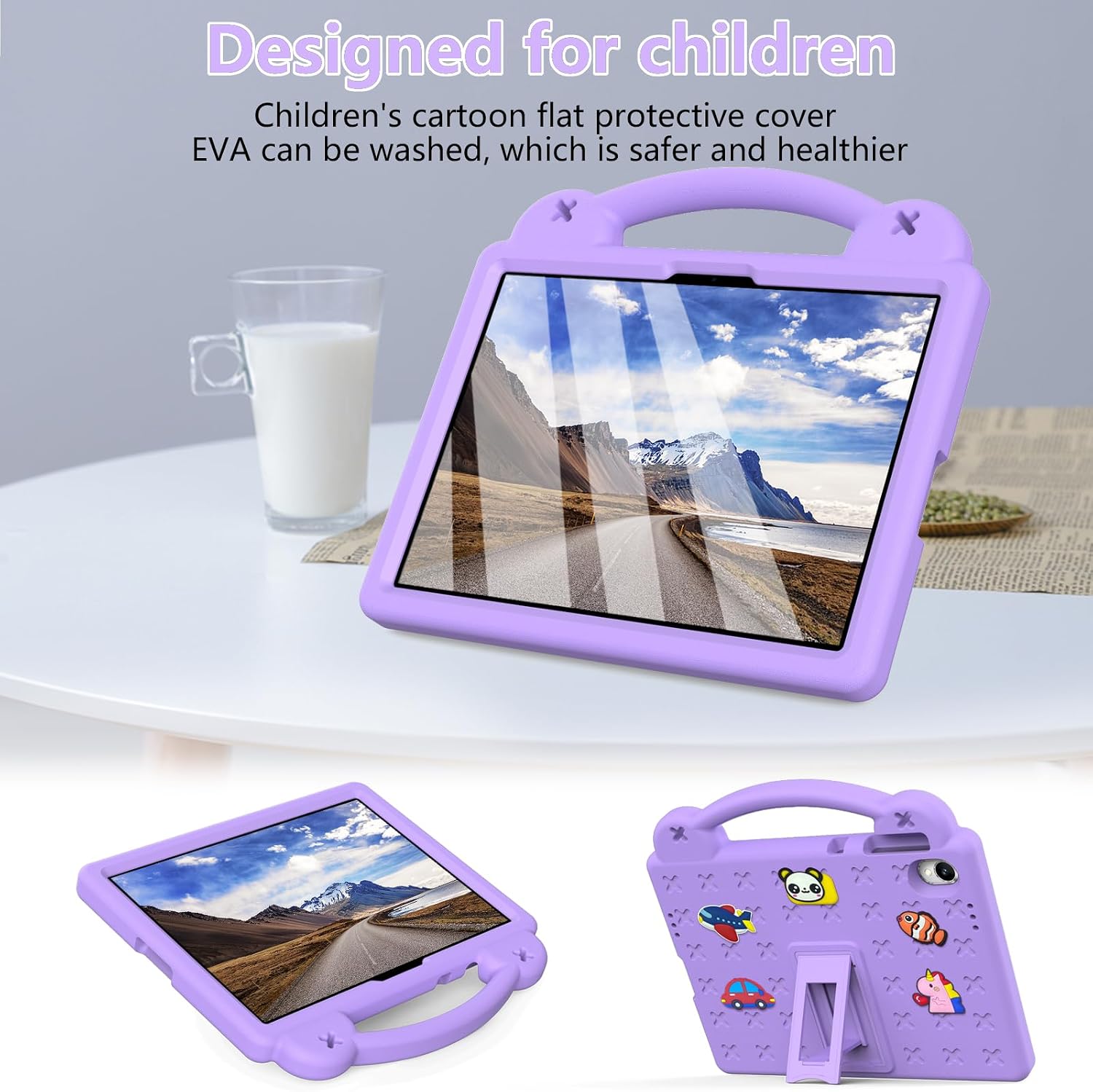 Dteck for Onn 11 inch Core Tablet (2026 Model) Soft EVA Foam Case with Shoulder Strap, Built-in Kickstand, Handle, Removable Cute 3D Cartoon Charms, Lightweight Shockproof Protective Kids Case, Purple image 2