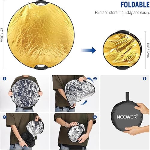 Miniatura 7 de NEEWER Reflector de luz de 22"/56cm con abrazadera y empuñaduras, 5 en 1 plegable multi disco reflector de fotografía