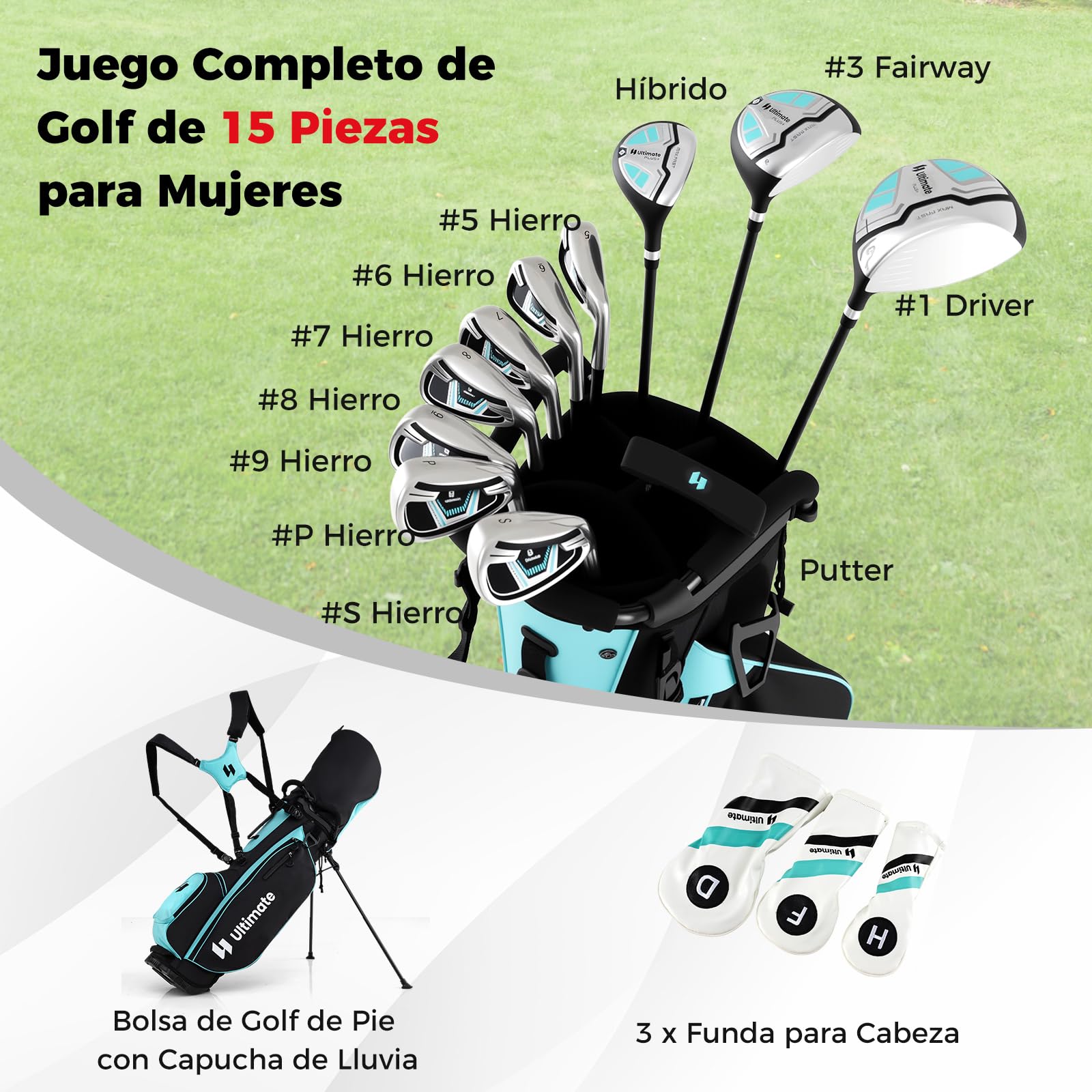 GYMAX Juego Completo de Palos de Golf para Mujer de 15 Piezas, Juego de Golfo con 460CC #1 Driver, #3 Fairway, Hybrid, #5#6#7#8#9#P #S Hierros, Putter y Bolsa de Soporte