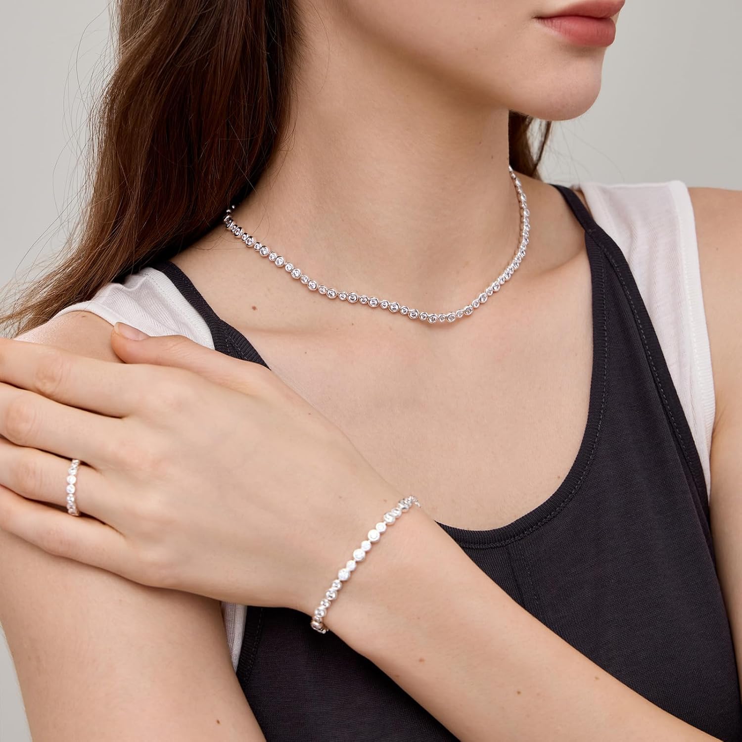 ARSIS Bubble Bezel Tennis Bracelet for Women, Silver Tone CZ Line Bracelet, Adjustable Sparkling Jewelry Gift