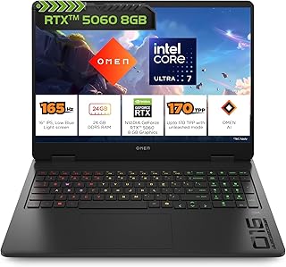 HP Omen, Intel Core Ultra 7 255H, 8GB RTX 5060, 24GB DDR5(Upgradeable) 1TB SSD, 2K, 165Hz, 3ms Response time, IPS, 16''/40.6cm, Win11, M365*Office24, Shadow Black, 2.43kg, am0238tx, RGB Gaming Laptop