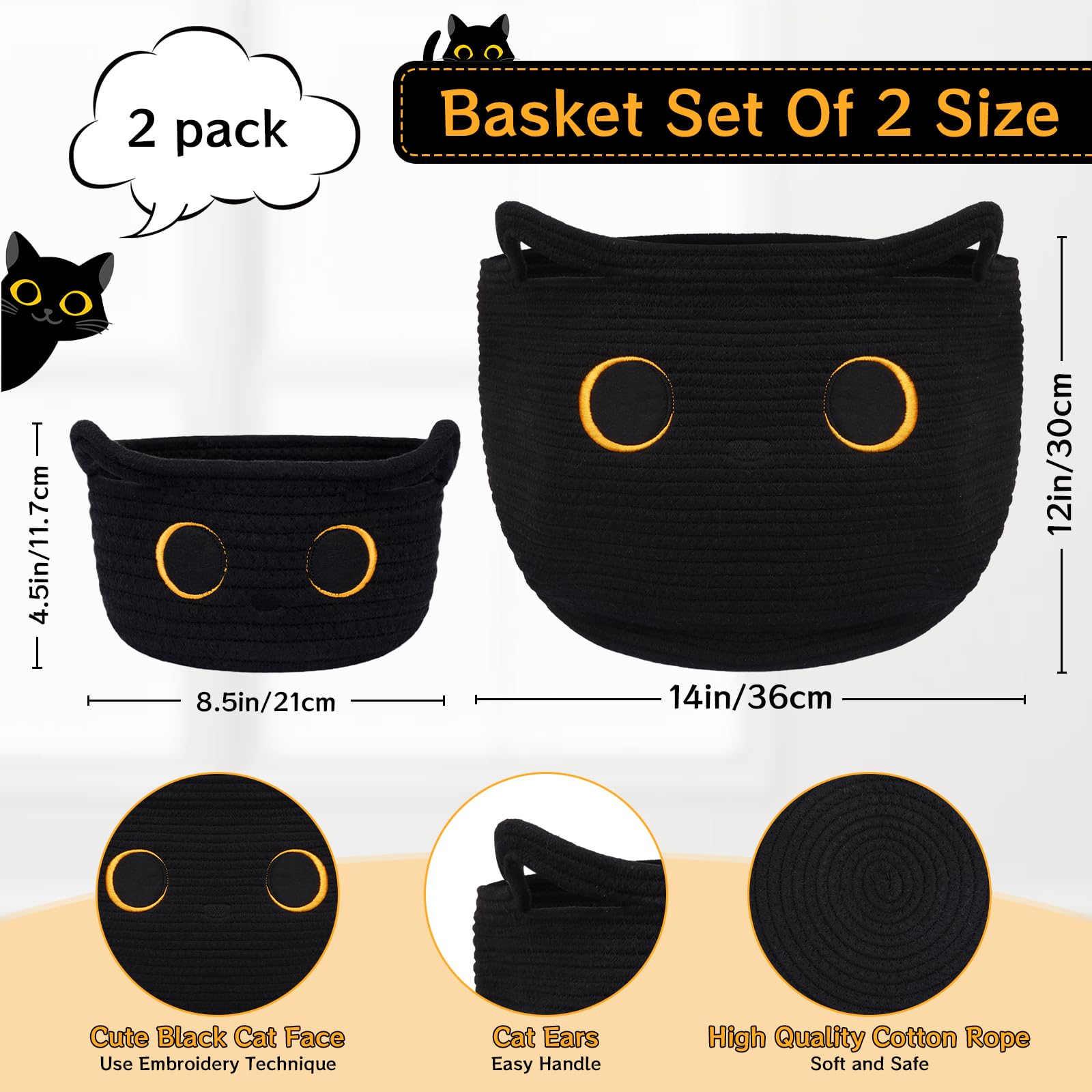 Hkojewp Storage Baskets for Organizing, Black Cat Cotton Rope Baskets Set Woven Blasket for Nursery, Blanket Basket Organizer Toy Basket for Gifts Cat Dog Bin Toys - Pack of 2