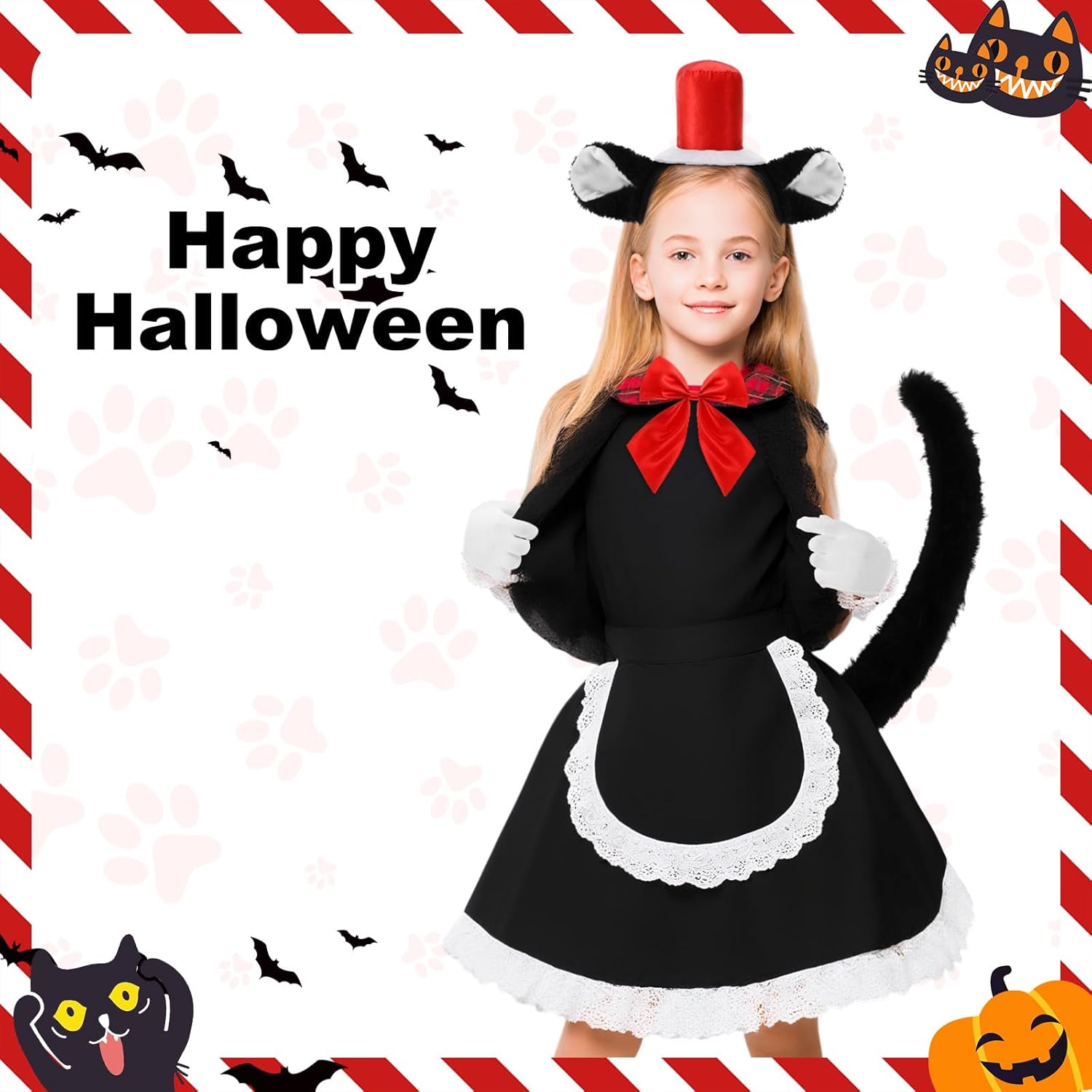 4 Pcs 100th Day of School Cat Costumes Kit Cat Hat in Costume for Kids Red White Hat Accessory Kit Including Headband Gloves Bow Tie Long Tail for Cosplay - Image 4