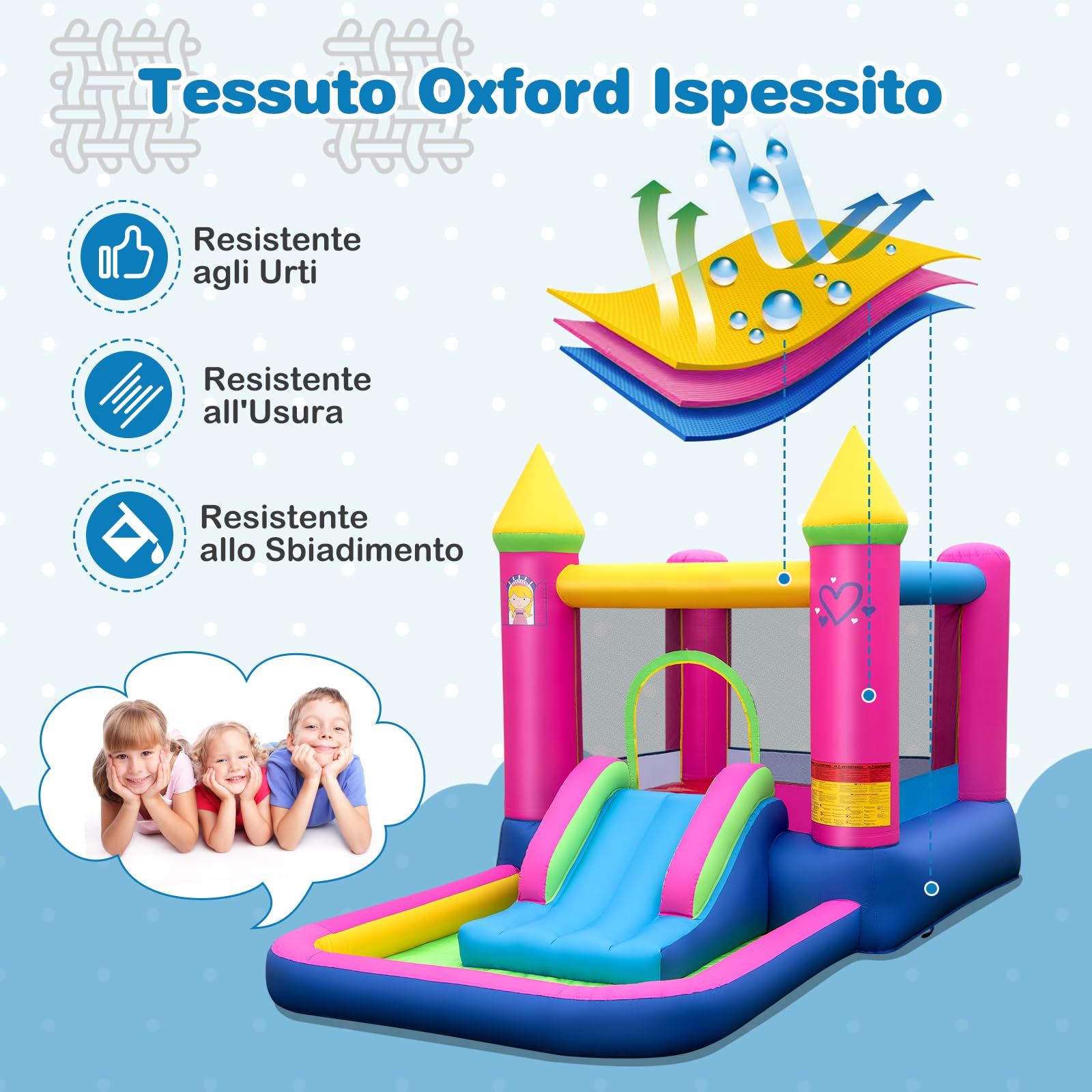 GYMAX Castello Gonfiabile per Bambini, Carino Castello della Principessa con Scivolo, Pozzetto di Palline, Canestro da Basket, Borsa da Trasporto, Gonfiabile per Interni/Esterni senza Ventilatore