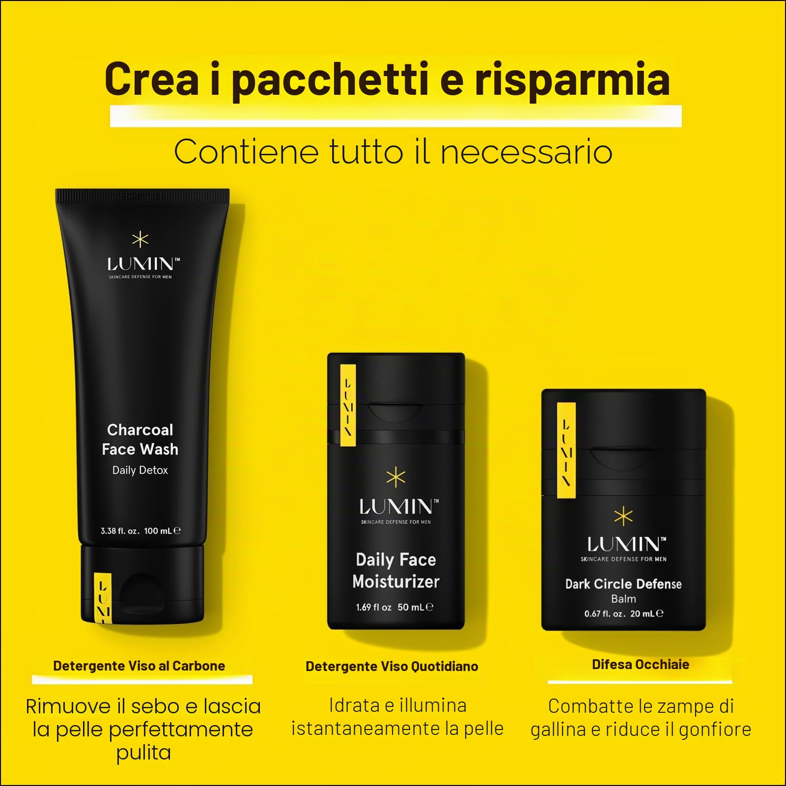 Lumin - No Baggage Trio - Kit per la cura della pelle da uomo - Dark Circle Defense, Charcoal Cleanser, Moisturizer - Aiuta con occhi stanchi, macchie scure, pelle irregolare e opaca - 2 mesi di