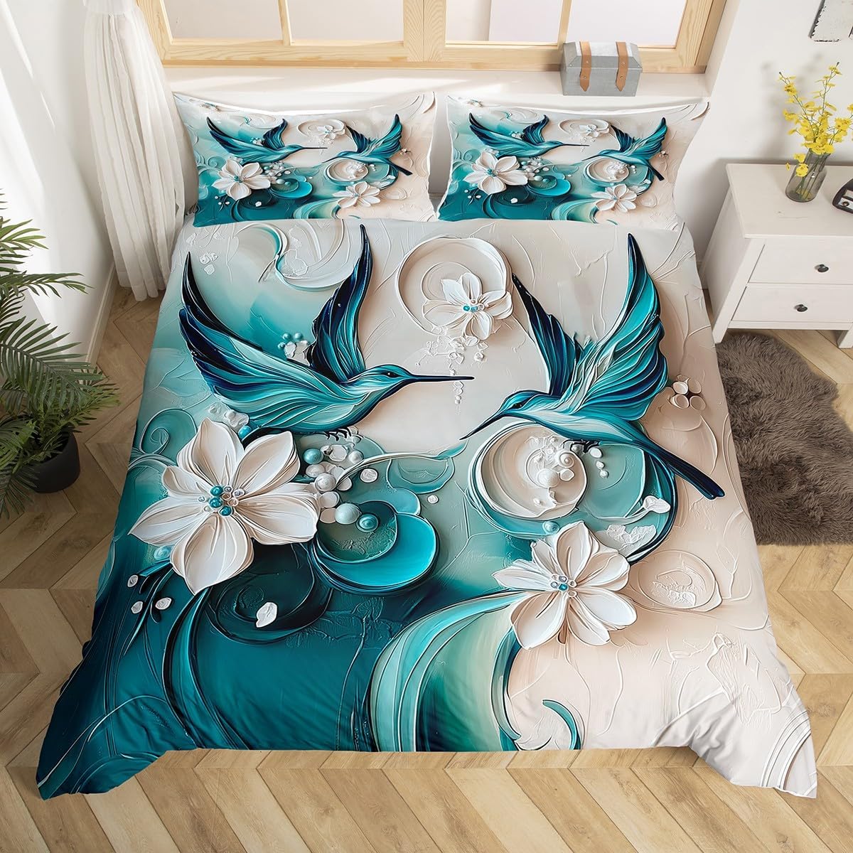 Erosebridal Girls Boho Dragonfly Comforter Cover Queen Oil Painting Abstract White Flower Duvet Cover Teal Dragonfly Bedding Set for Teen Women,Exotic Aesthetics Animal Bed Set Zipper 3 Pcs