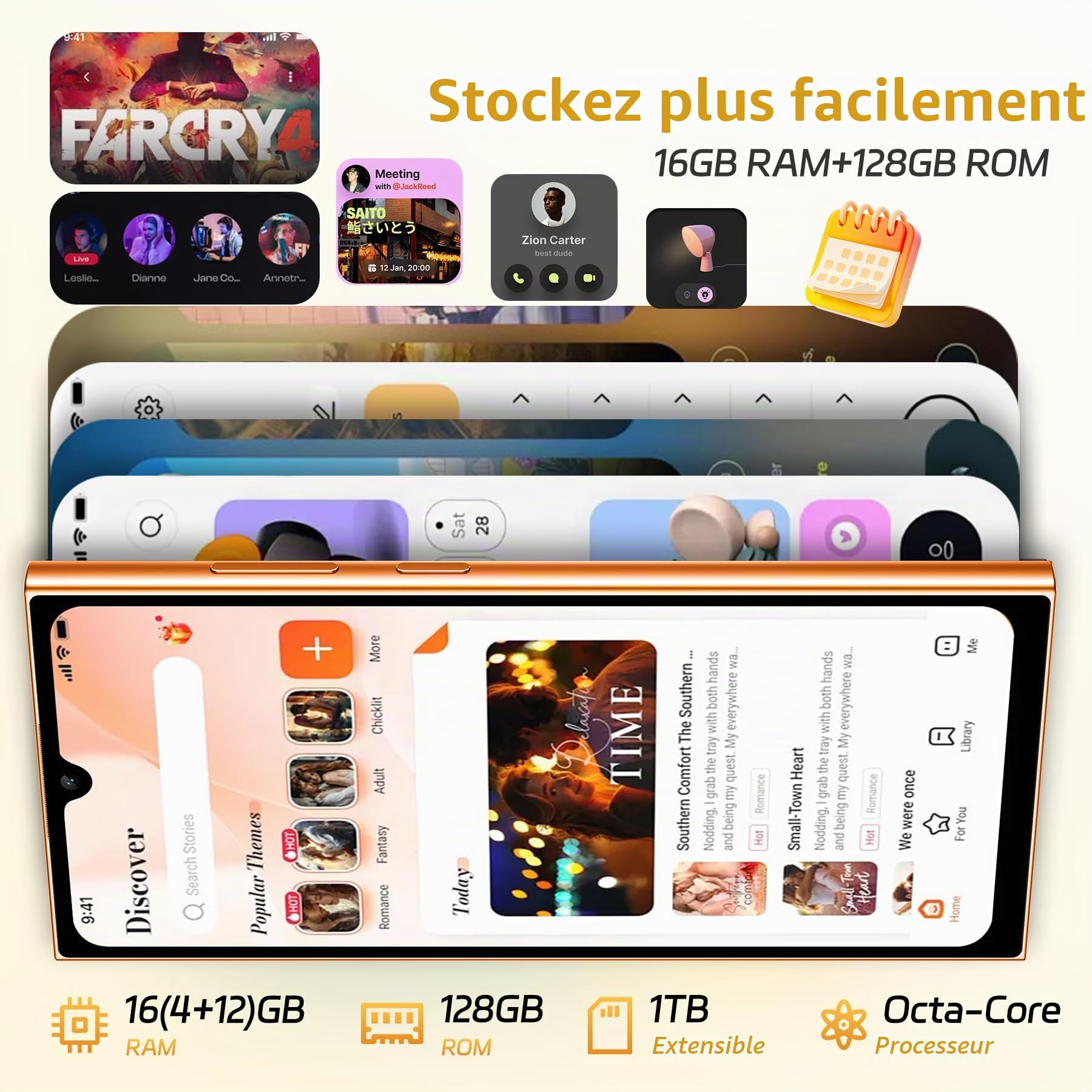 C61 Smartphone Pas Cher 16Go +128Go/1To, 6,88" HD+ Écran - Noir