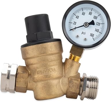 Camco Adjustable RV/Marine Brass Water Pressure Regulator | Help Stop Damage to RV/Marine Appliances, Plumbing Fixtures, and Hoses | Features Standard Garden Hose Threads for Simple Hookup | 40058