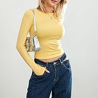 Vista 48 de Blusa corta básica casual para mujer, ajustada, manga larga, cuello redondo, color sólido, para otoño, camiseta ajustada Gris claro