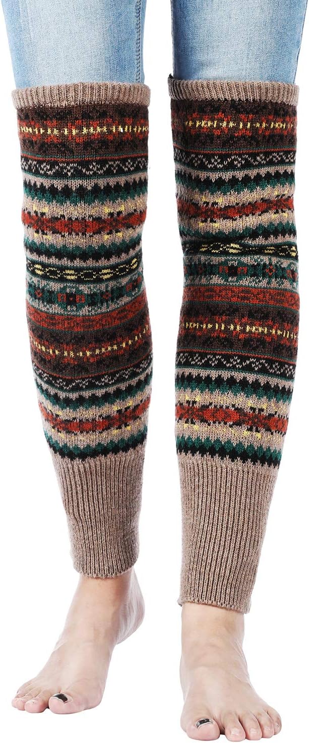 SATINIOR 2 Pairs Leg Warmers for Women Wool Leg Warmers Bohemian Winter Long Knit Boot Cuffs Socks for Women(Khaki, Navy Blue) - Image 4