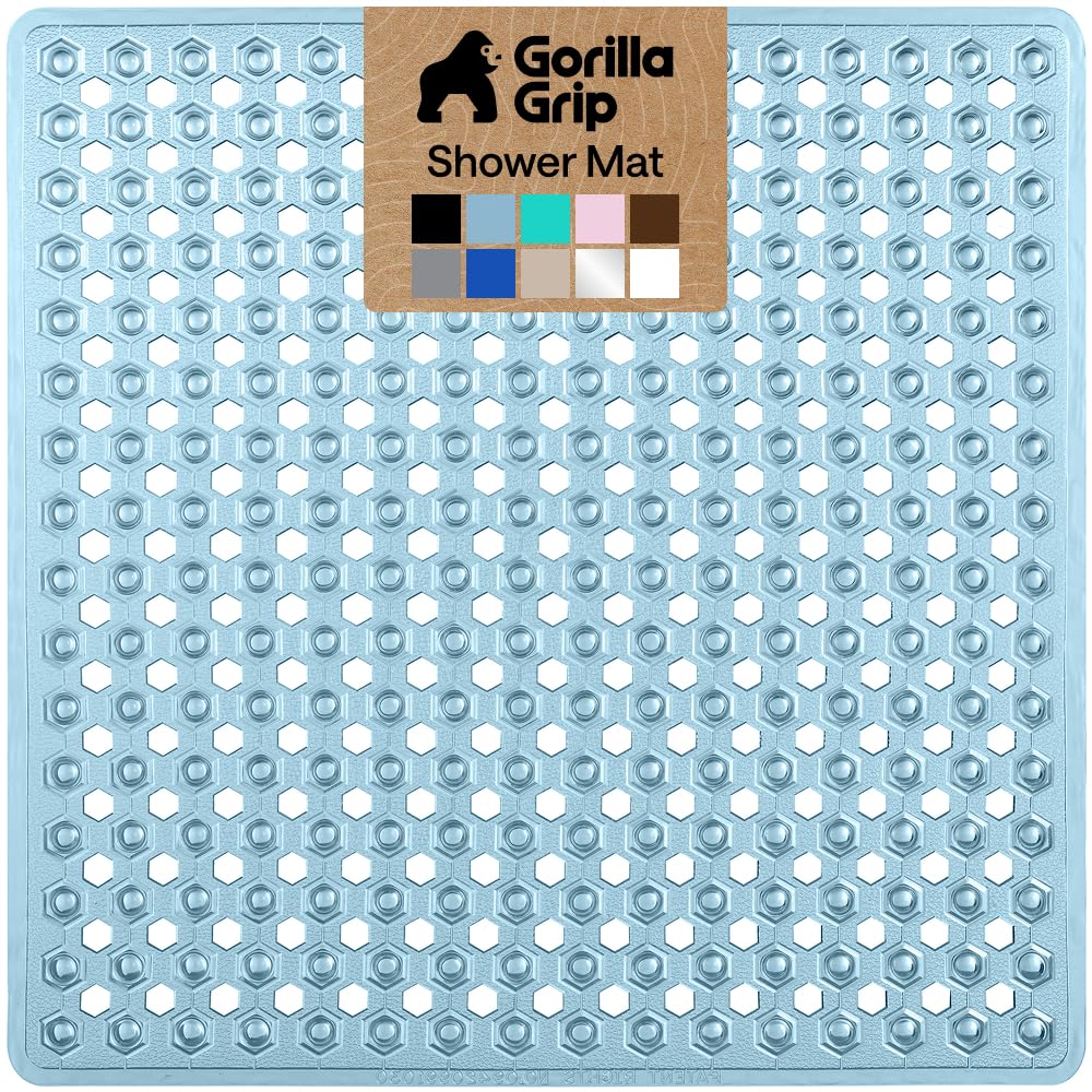 GORILLA GRIP Square Shower Stall Mat, Bathtub Floor Mat, 21x21 Blue