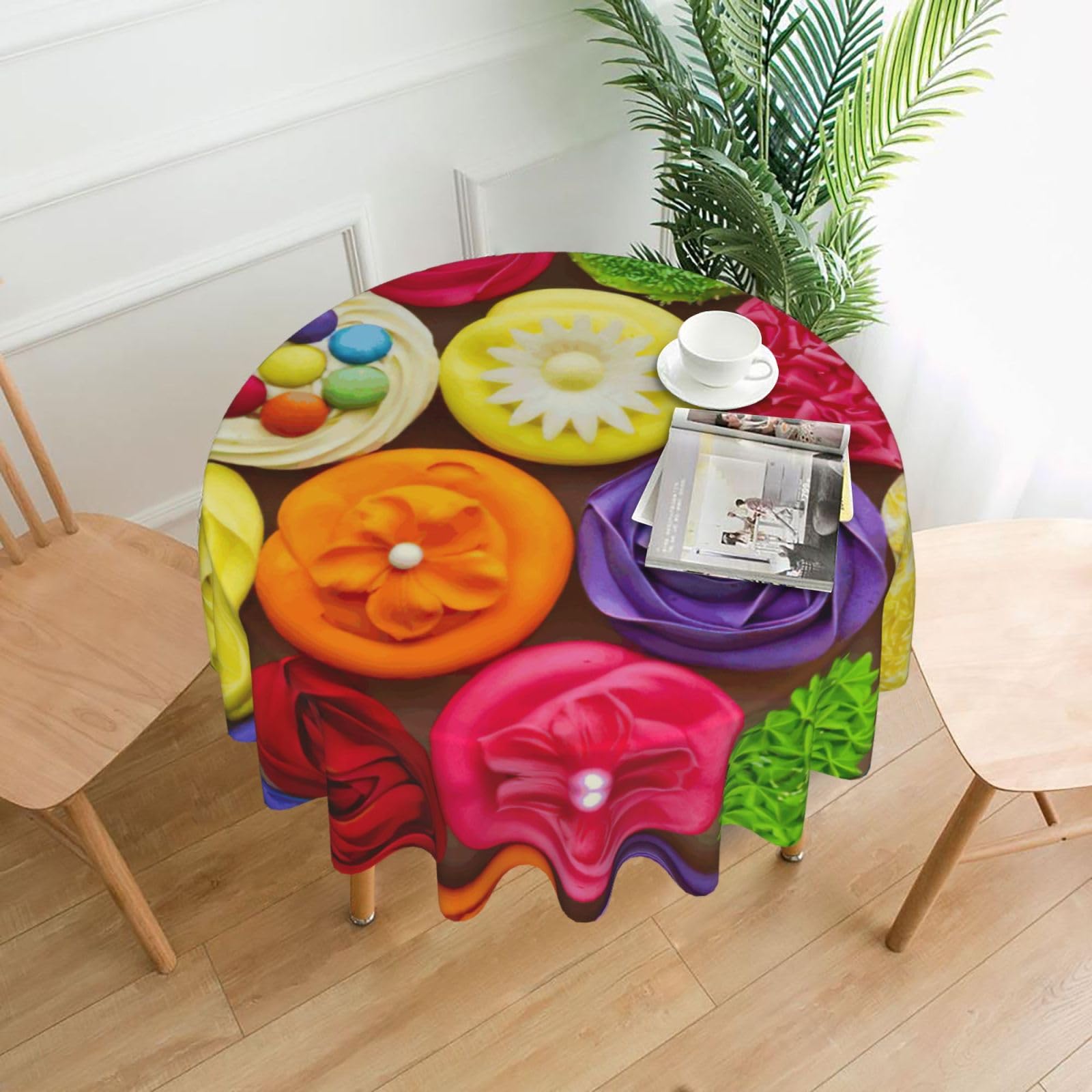 Zcmkjlg Colorful Cupcakes Rainbow Flower Cake Print Quick Ship Round Tablecloth 60in Polyester Washable Cover for Dining Room