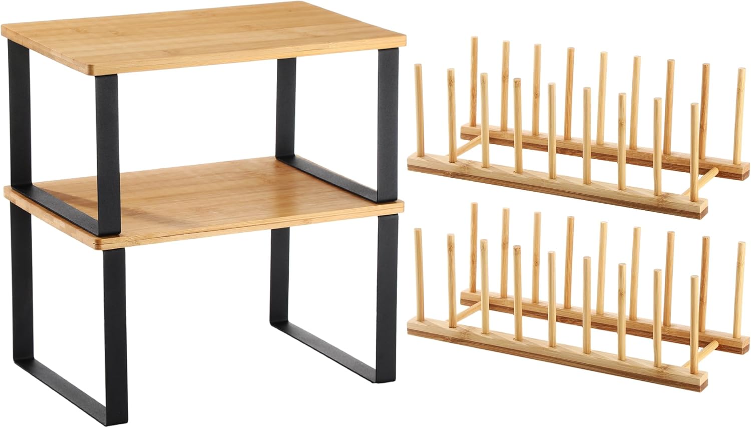 Marsui 4 Pcs Kitchen Organizer Accessories Set Cabinet Organizer Shelf and Bamboo Dish Drying Plate Rack Counter Shelves Storage Holder for Spice Rack, Dish, Pot Lid, Bowl, Cup (White)