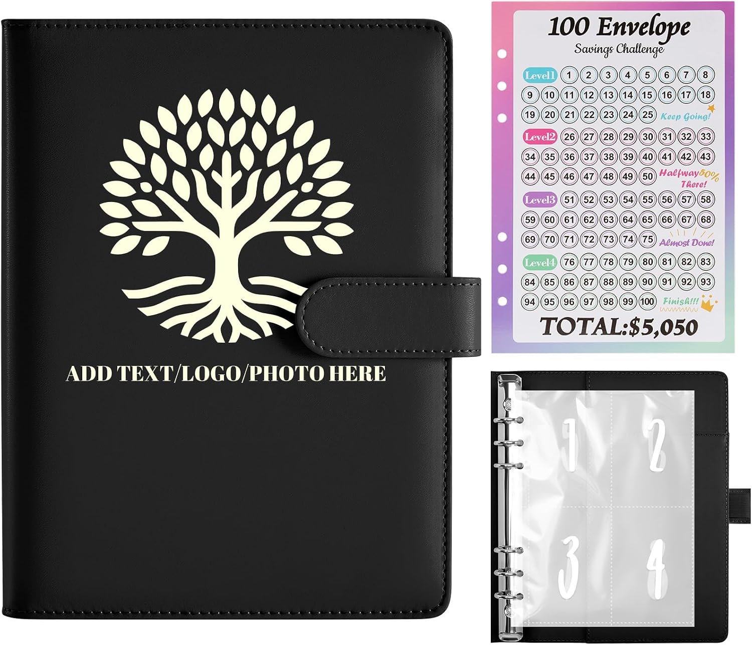 ENOMY Personalized Budget Planner for 100 Envelopes Money Saving Challenge Custom Money Saving Binder Fun Way to Save $5050 Custom Money Saving Book Girlfriend Couple Gift (Black, Personalized)