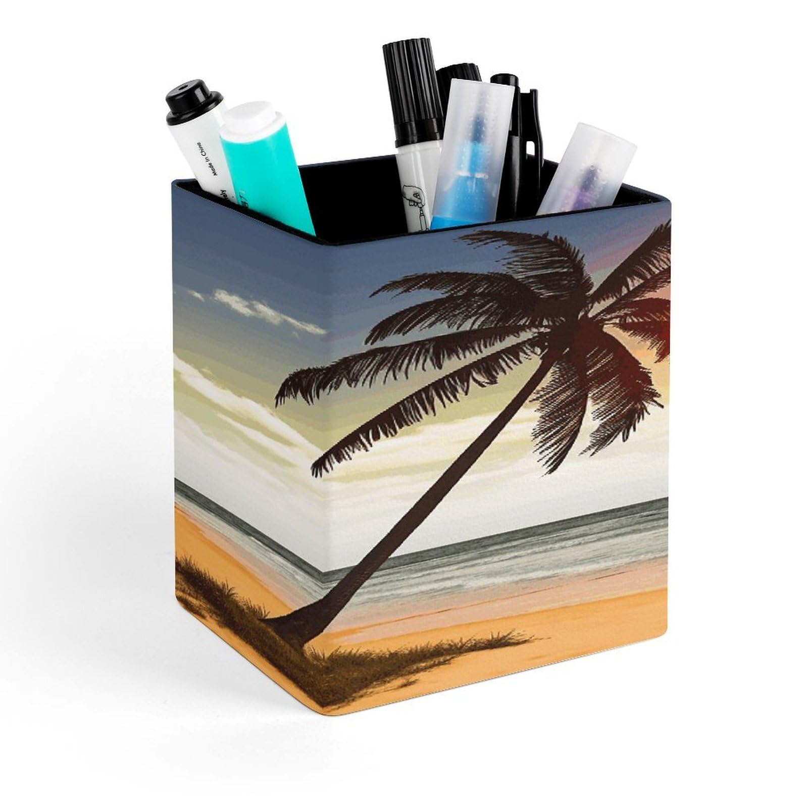 JTREHY Beach Palm Tree Pen Holder Square Pen Pencil Holder Makeup Brush Holder Cup PU Leather Pencil Cup Desktop Caddy Stationery Organizer Case Office Accessories Container Box