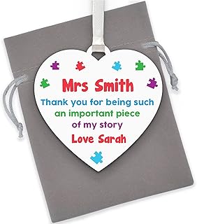 Puzzle Piece Thank You Gifts for Teacher - PERSONALISED Teacher Appreciation Gifts - End of School Term Gifts for Teaching Assistant, Key Worker - Teacher Wooden Heart Plaque Gifts - With Grey Bag