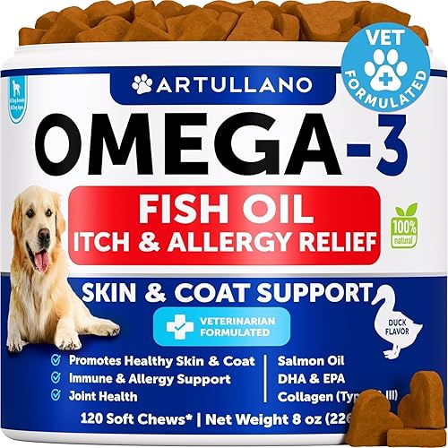 Aceite de pescado Omega 3 para perros  Masticables para alergias para perros  Alivio de picazón y suplemento de piel y pelaje con aceite de salmón